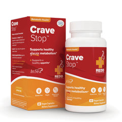 RED005 | Crave Stop dietary supplement bottle and box, red-orange packaging, 60 vegan capsules, supports healthy glucose metabolism
