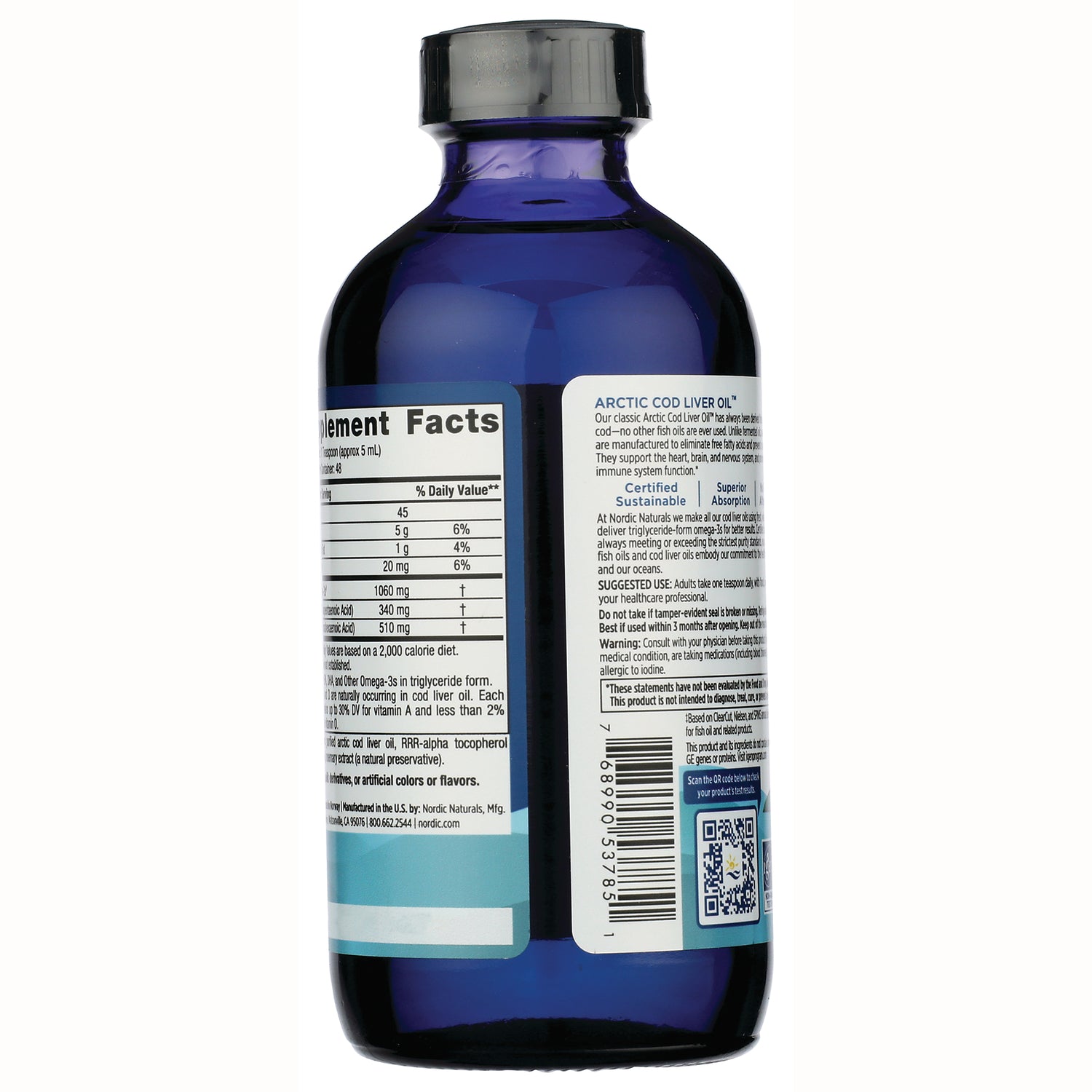 NRN021 | Blue glass supplement bottle back showing supplement facts panel, barcode and QR code