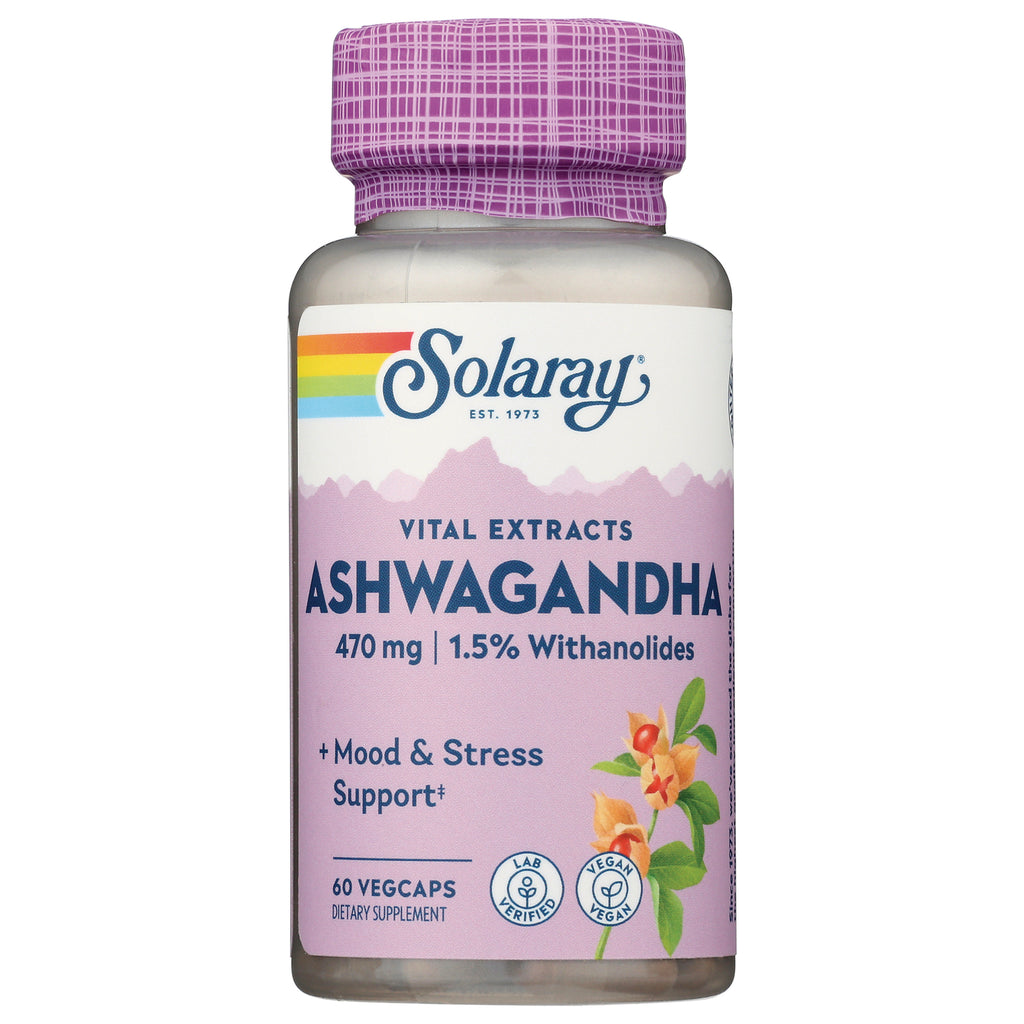 SLR257 | Solaray Ashwagandha 470 mg bottle, 60 vegcaps purple label for mood and stress support - Thumbnail