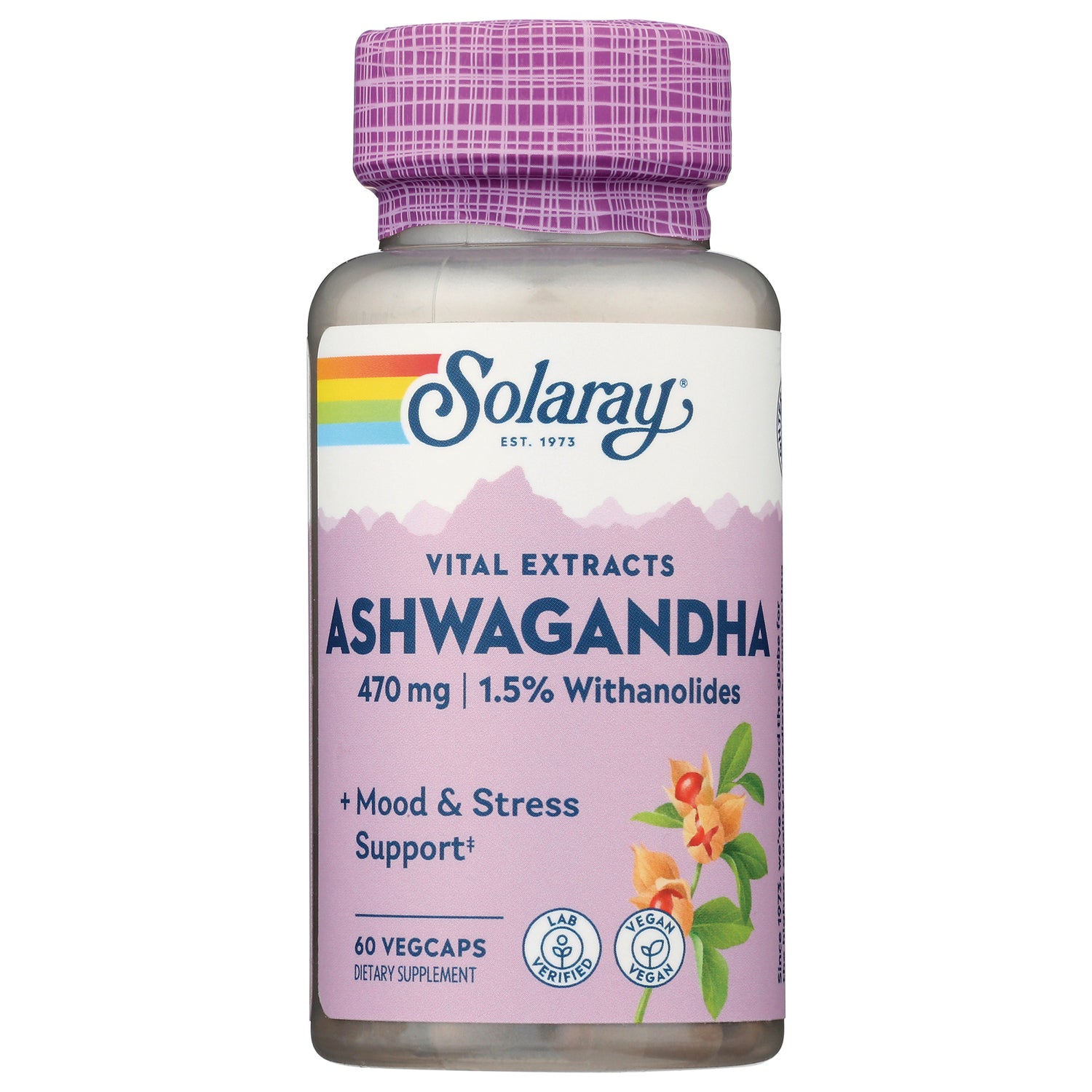 SLR257 | Solaray Ashwagandha 470 mg bottle, 60 vegcaps purple label for mood and stress support