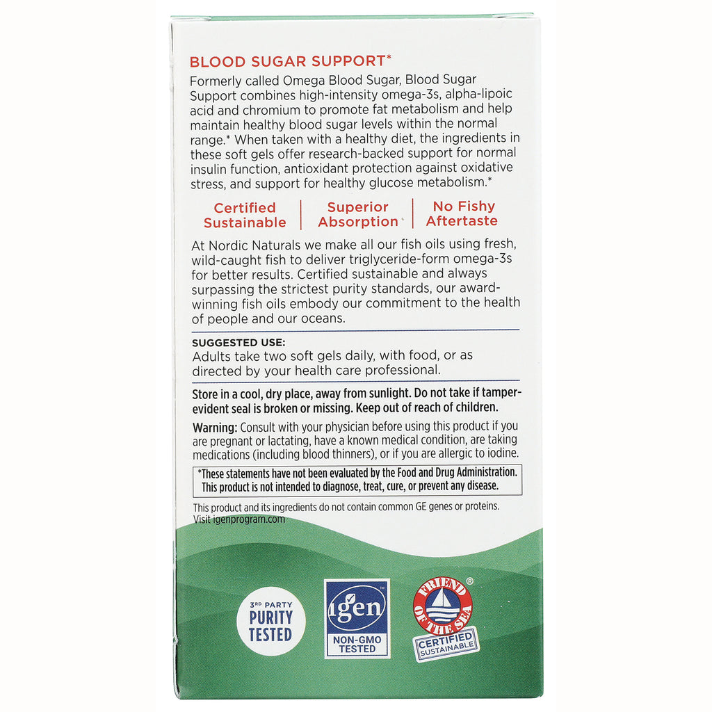 NRN109 | back of Nordic Naturals Blood Sugar Support box showing suggested use, warnings, and certification logos - Thumbnail