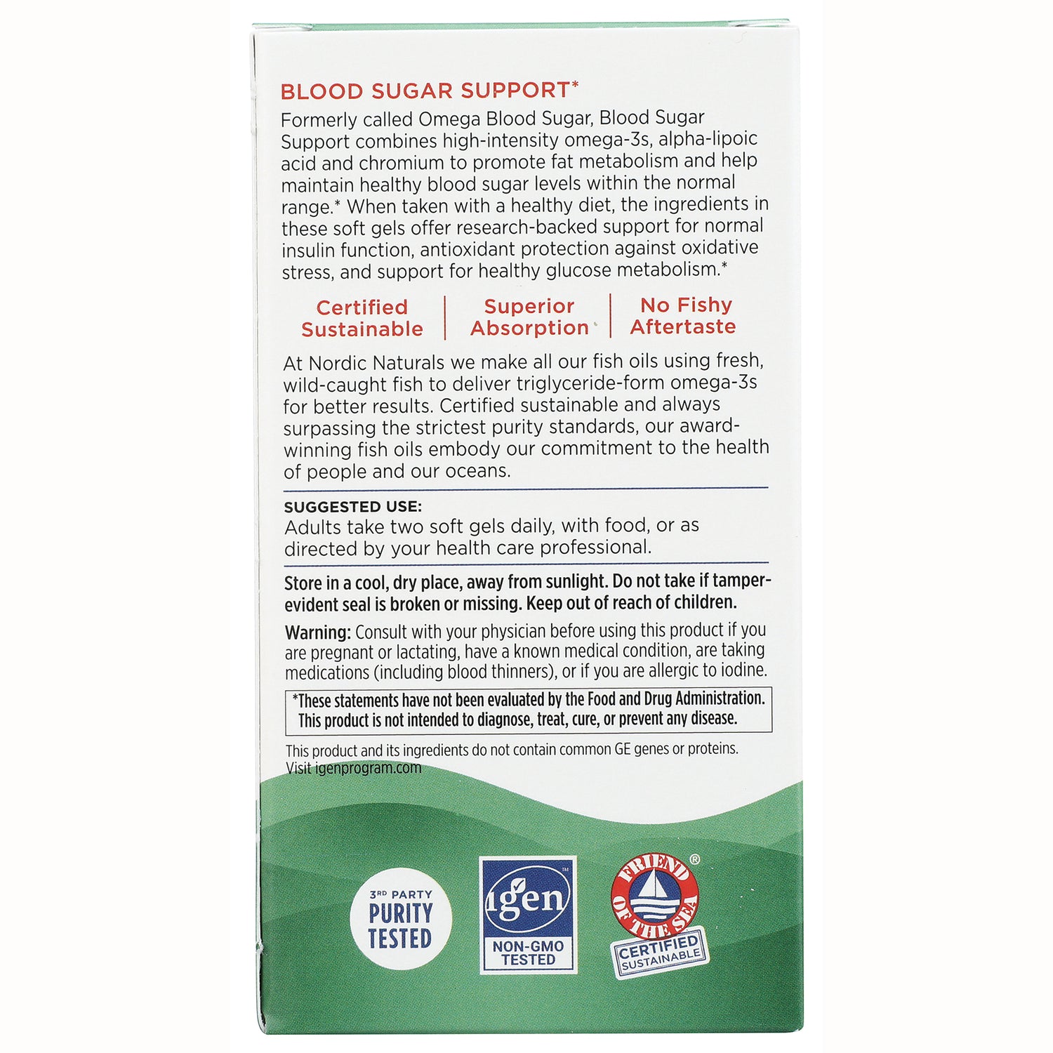 NRN109 | back of Nordic Naturals Blood Sugar Support box showing suggested use, warnings, and certification logos