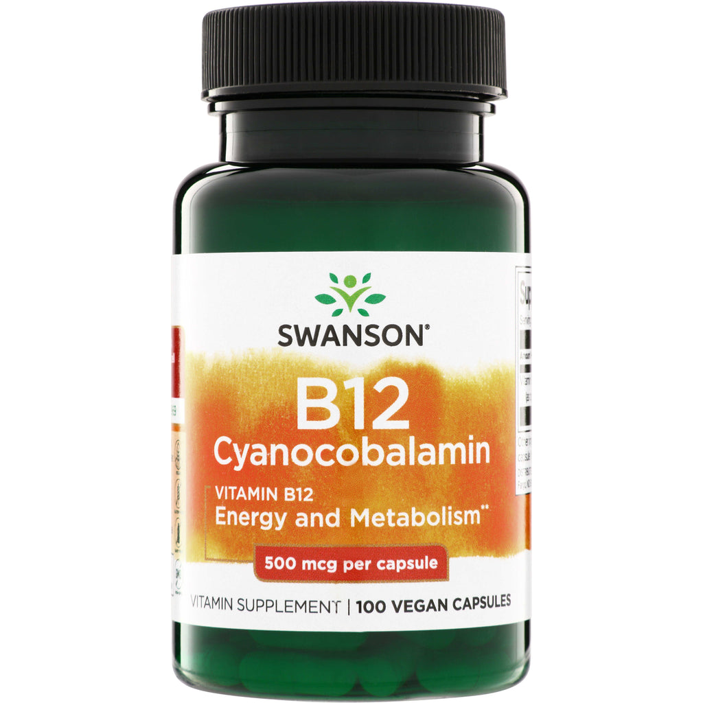 SW030 | Swanson B12 Cyanocobalamin supplement bottle, 500 mcg per capsule, 100 vegan capsules - Thumbnail