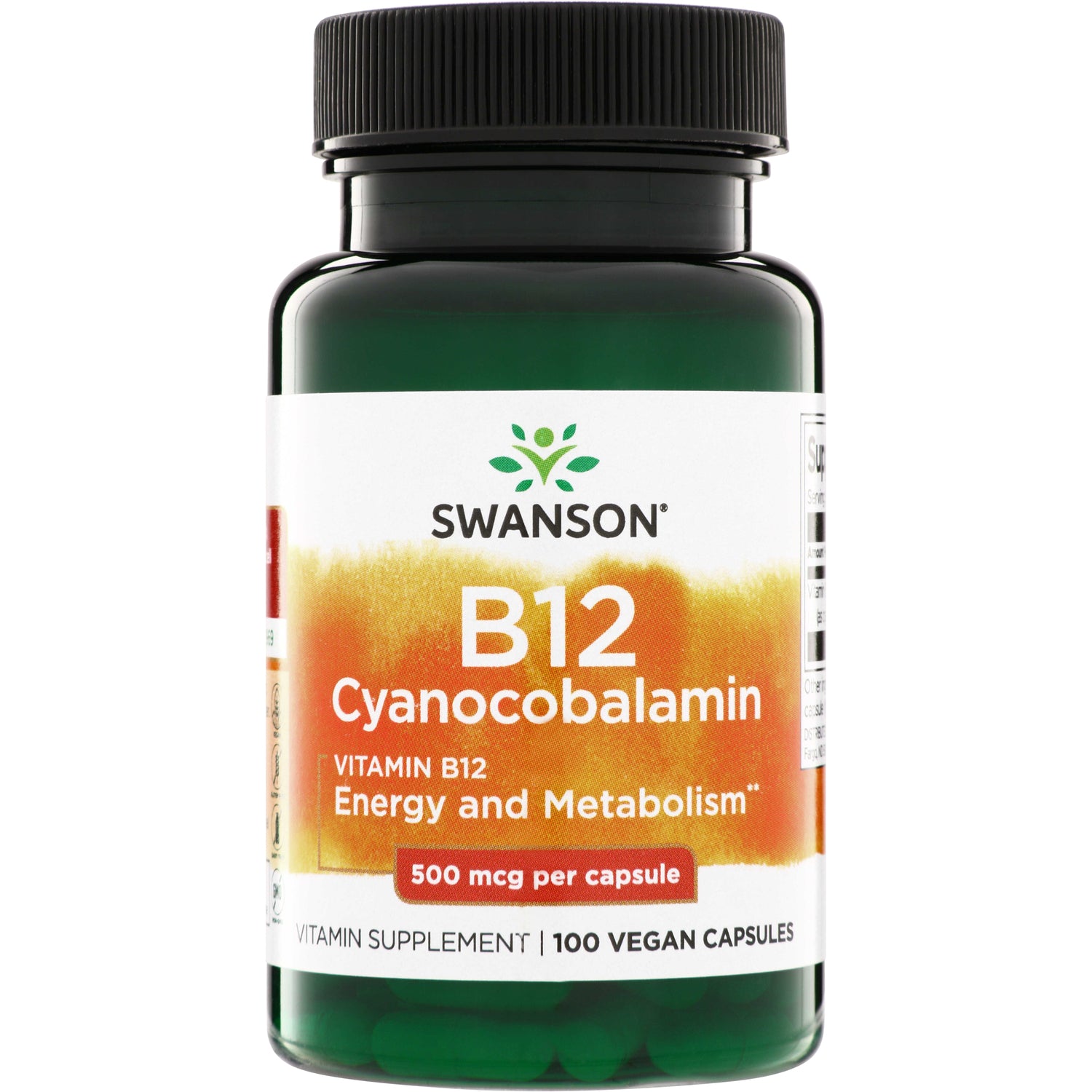 SW030 | Swanson B12 Cyanocobalamin supplement bottle, 500 mcg per capsule, 100 vegan capsules