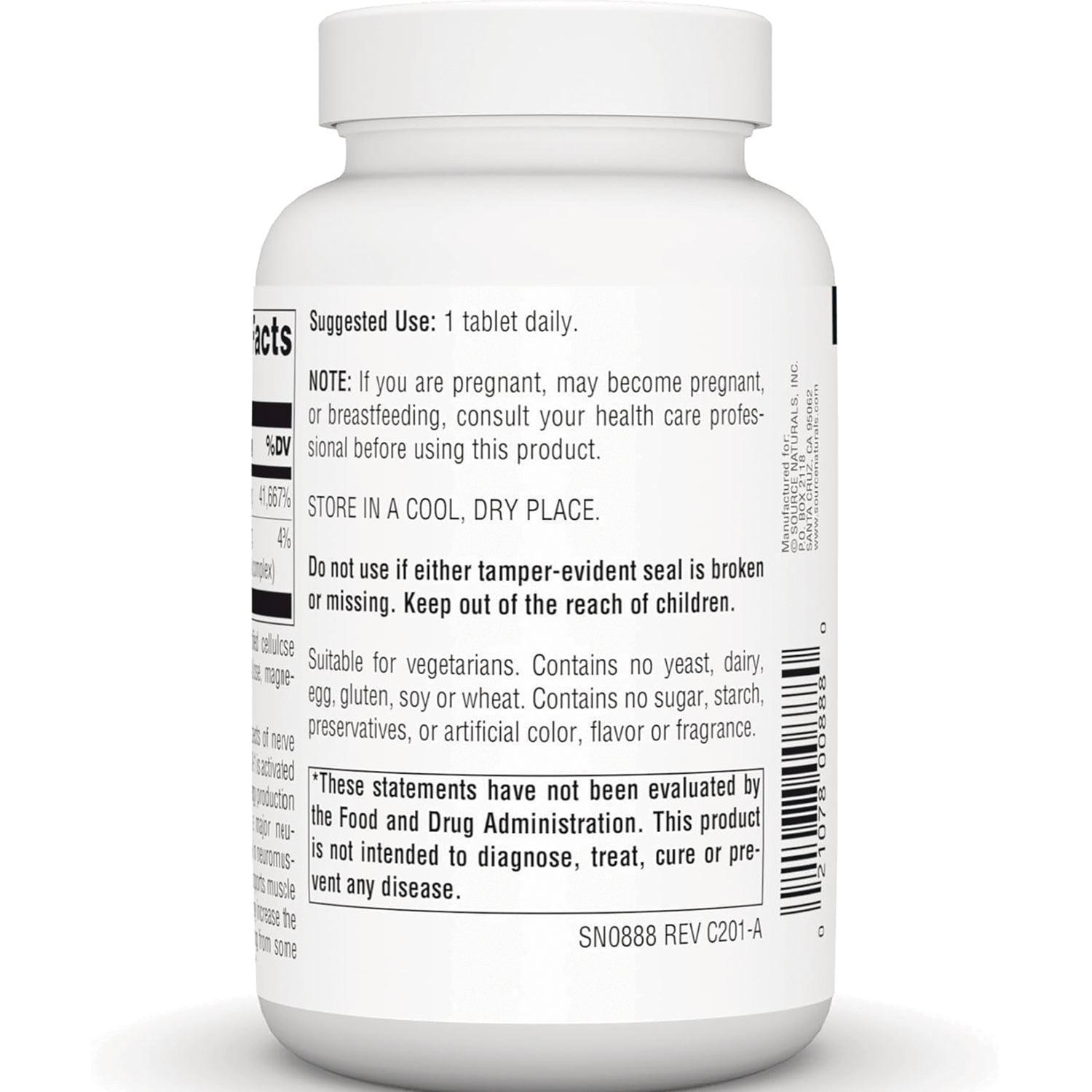 SN668 | Back label with suggested use, warnings, storage directions, and barcode