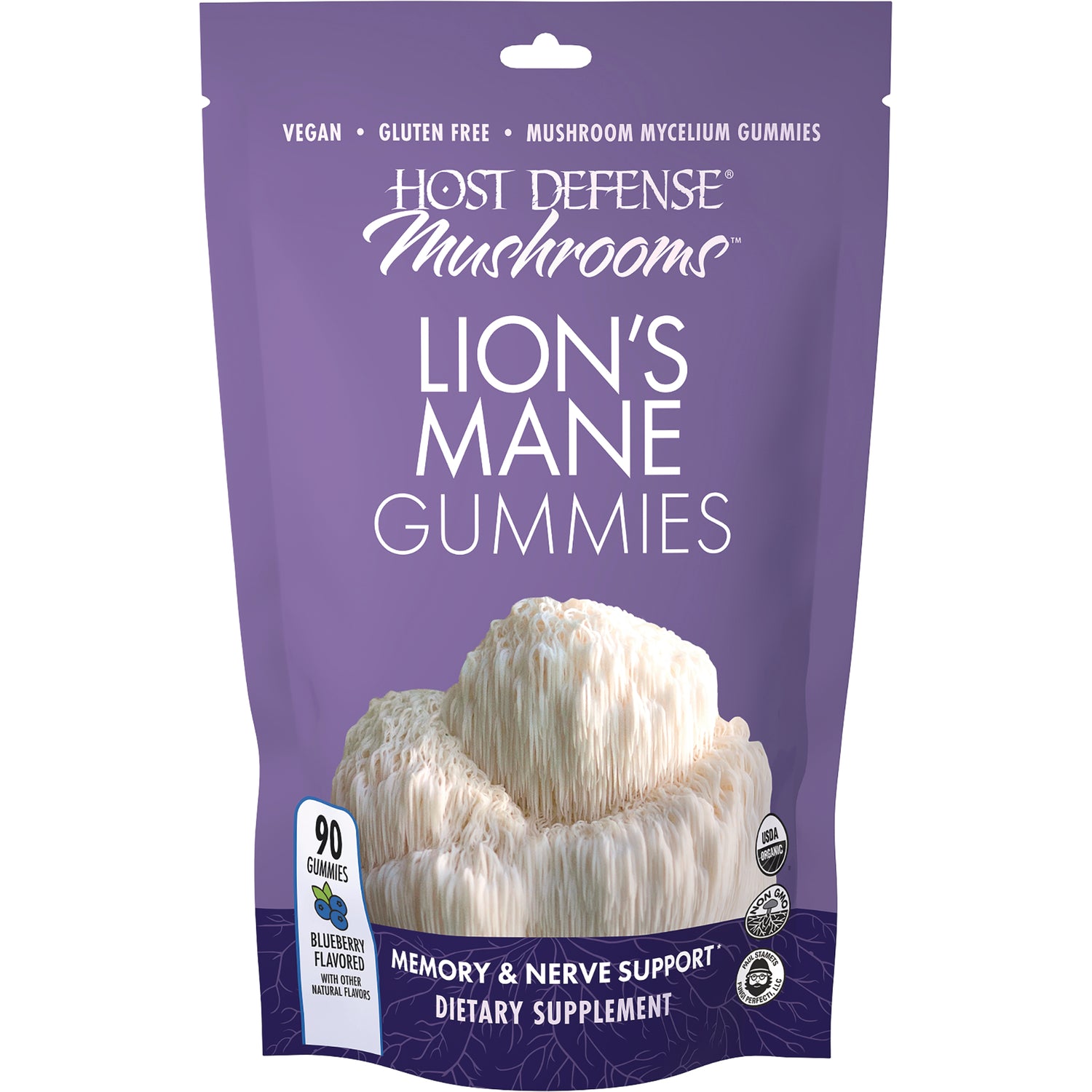 FUN059 | Host Defense Mushrooms Lion's Mane Gummies pouch with 90 gummies, blueberry flavored