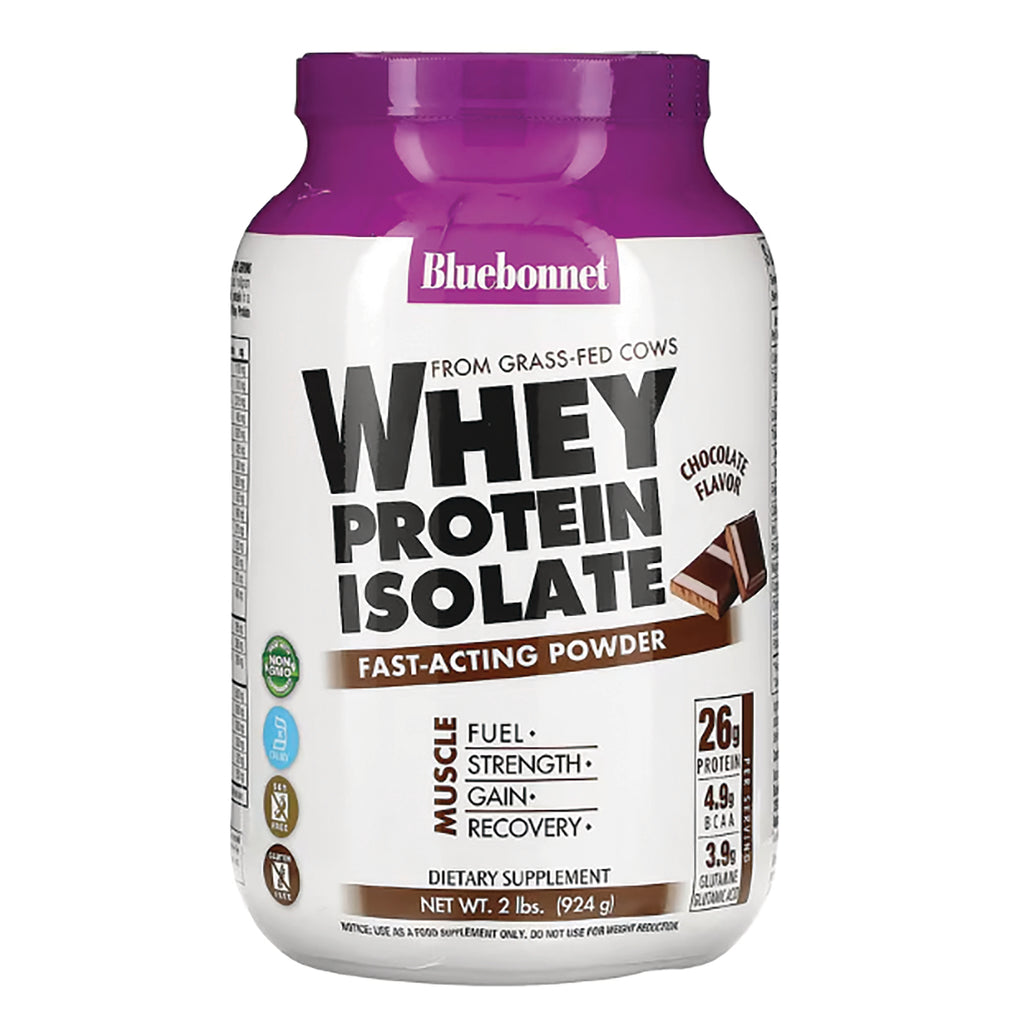 BLU132 | Bluebonnet Whey Protein Isolate chocolate powder container front label showing brand and nutrition callouts - Thumbnail
