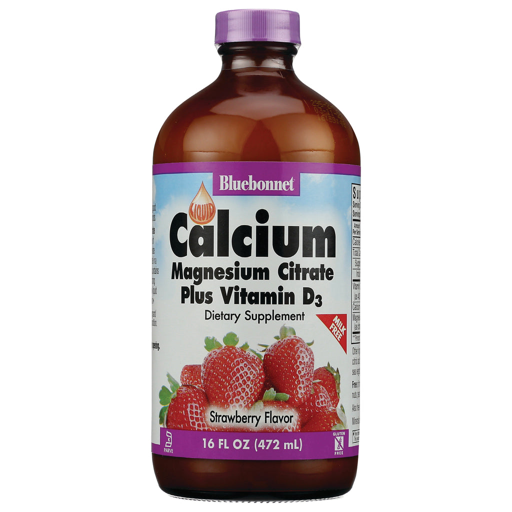 BLU093 | Bluebonnet liquid Calcium Magnesium Citrate plus Vitamin D3 strawberry flavor dietary supplement 16 FL OZ - Thumbnail