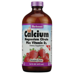 BLU093 | Bluebonnet liquid Calcium Magnesium Citrate plus Vitamin D3 strawberry flavor dietary supplement 16 FL OZ