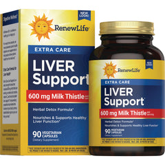 RNL256 | RenewLife Extra Care Liver Support bottle and box, 600 mg Milk Thistle, 90 vegetarian capsules