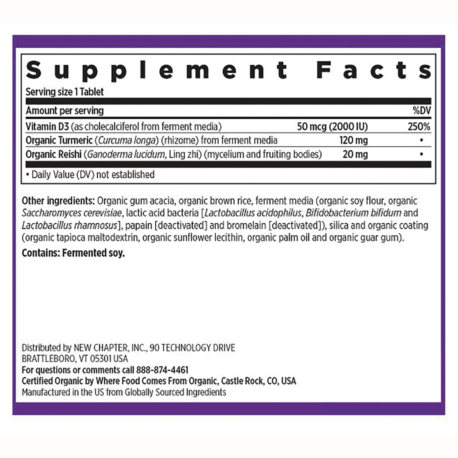 NWC366 | Supplement Facts panel showing Vitamin D3 50 mcg (2000 IU) 250%, Organic Turmeric 120 mg, Organic Reishi 20 mg, contains fermented soy