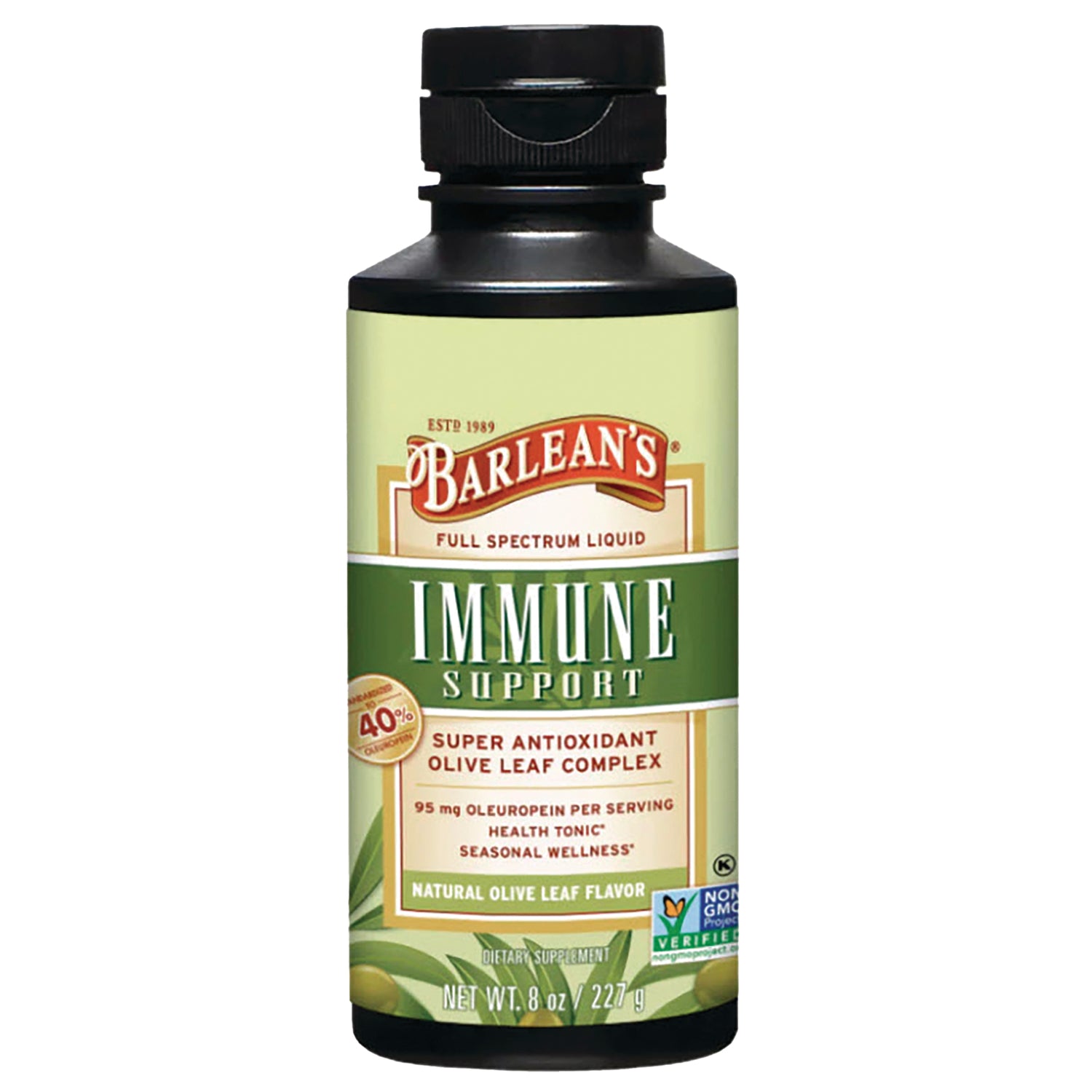 BAR064 | Barlean's Immune Support full spectrum liquid bottle with natural olive leaf flavor front label
