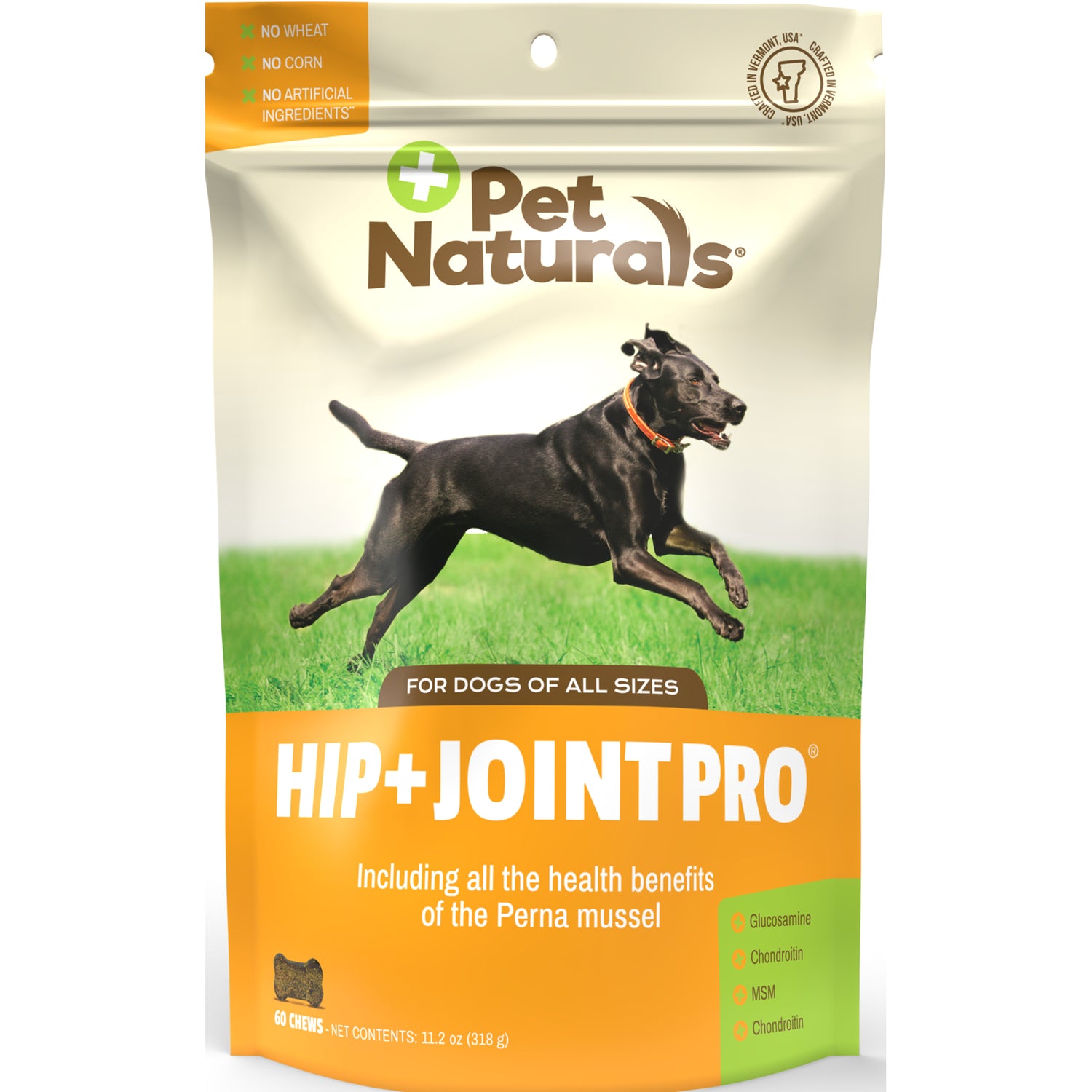 PTN069 | Pet Naturals HIP+JOINT PRO pouch showing black dog running on grass, for dogs of all sizes