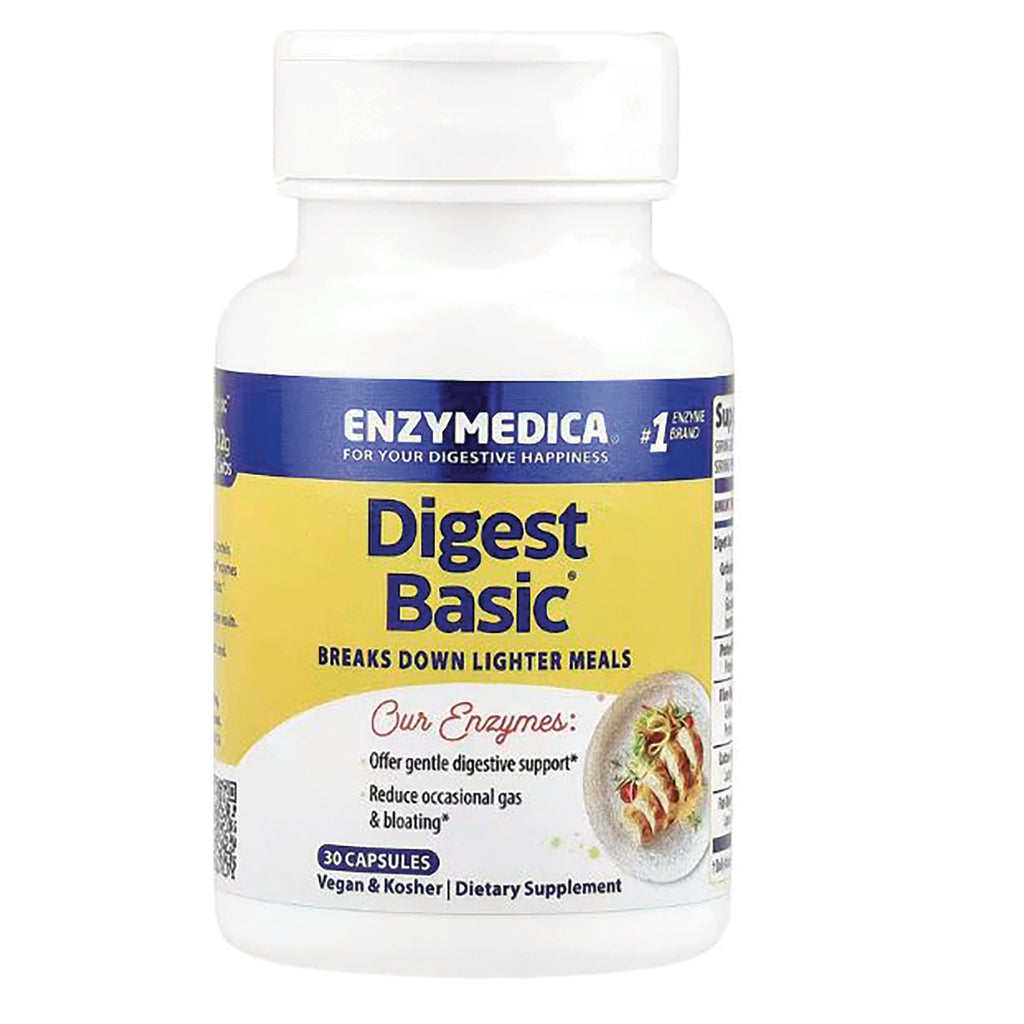 EMD028 | White bottle of Enzymedica Digest Basic digestive enzyme supplement, 30 capsules, yellow label - Thumbnail