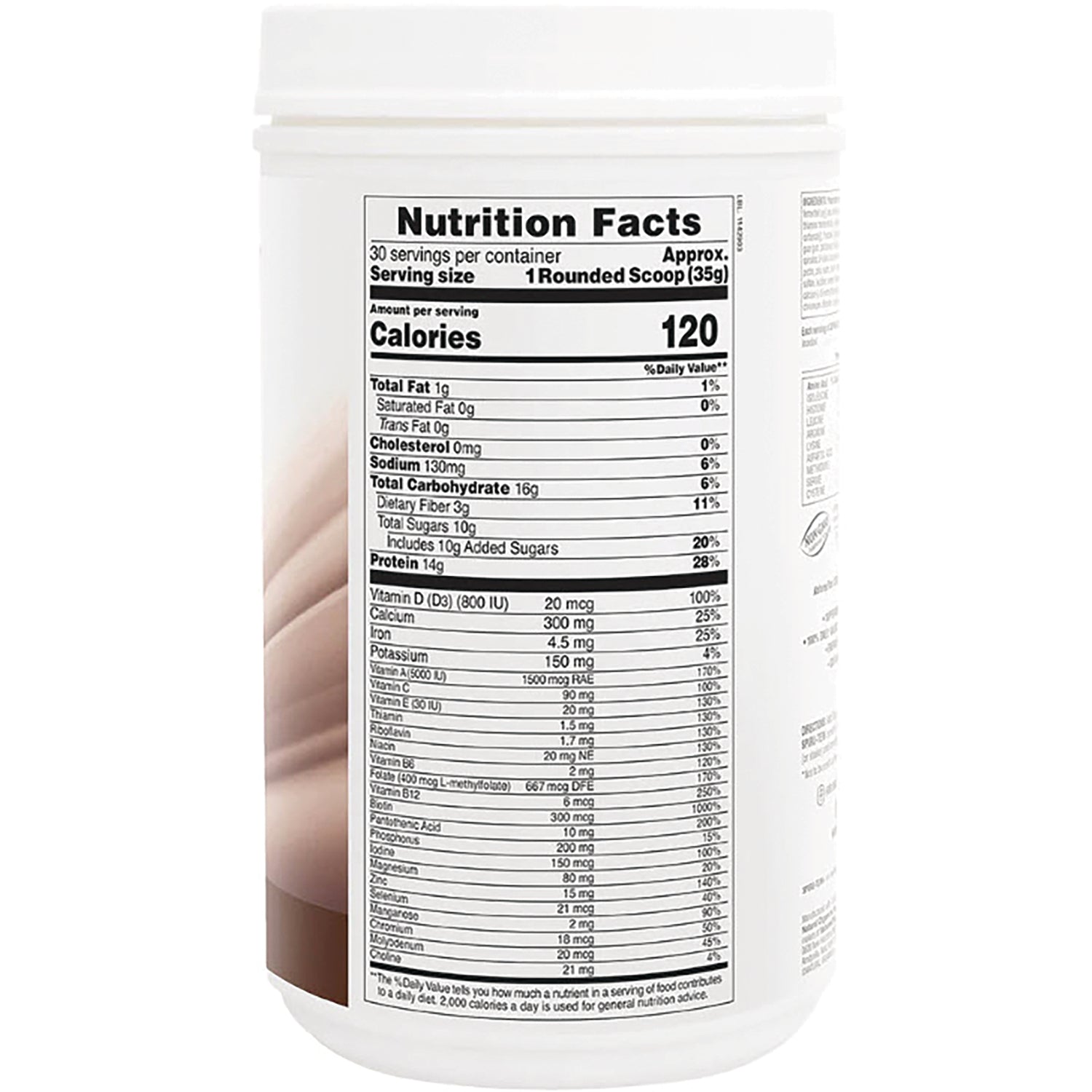 NTP085 | back of white supplement tub showing Nutrition Facts label and ingredient panel