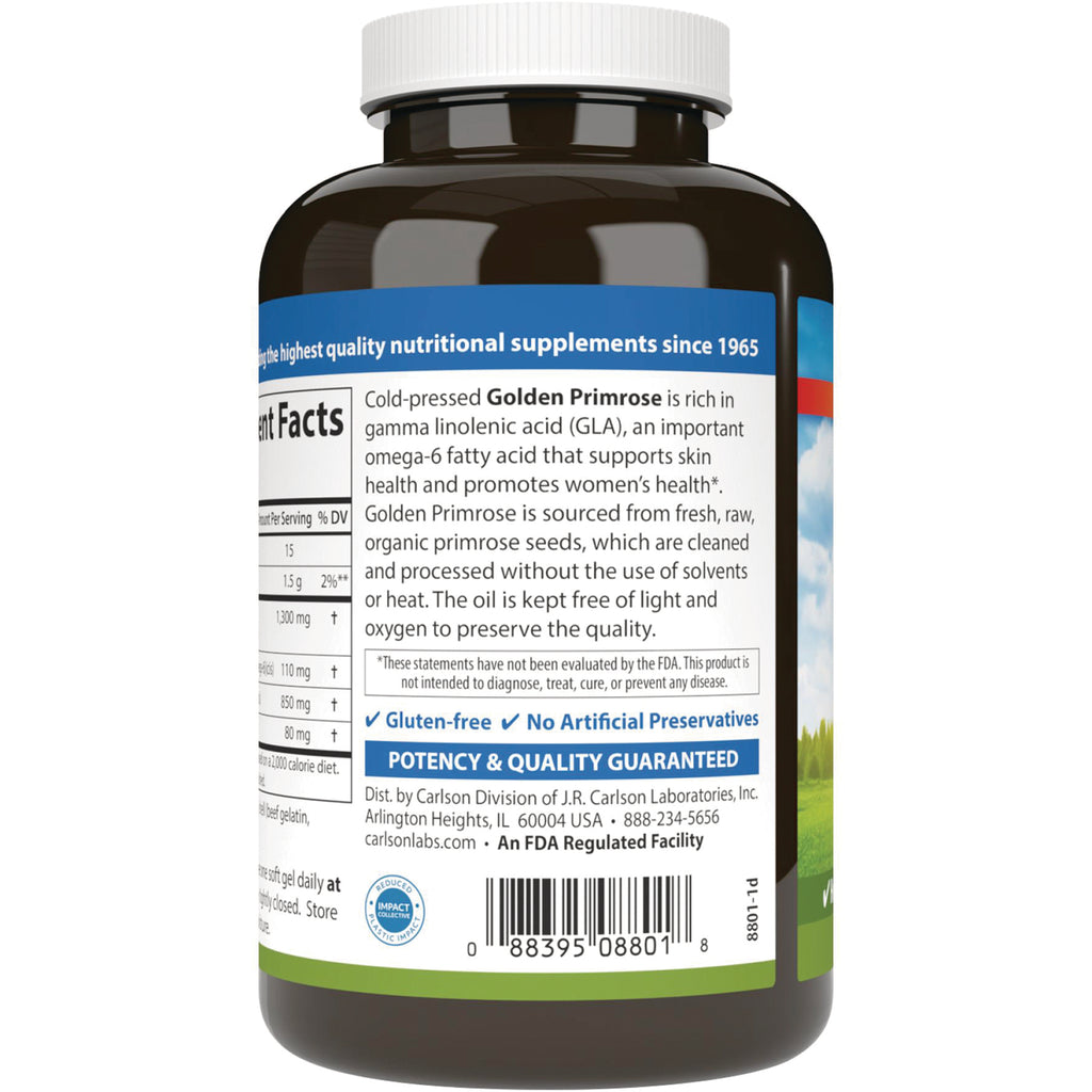 CSN122 | back label of brown supplement bottle showing nutrition facts, golden primrose description, gluten-free and potency guarantee - Thumbnail
