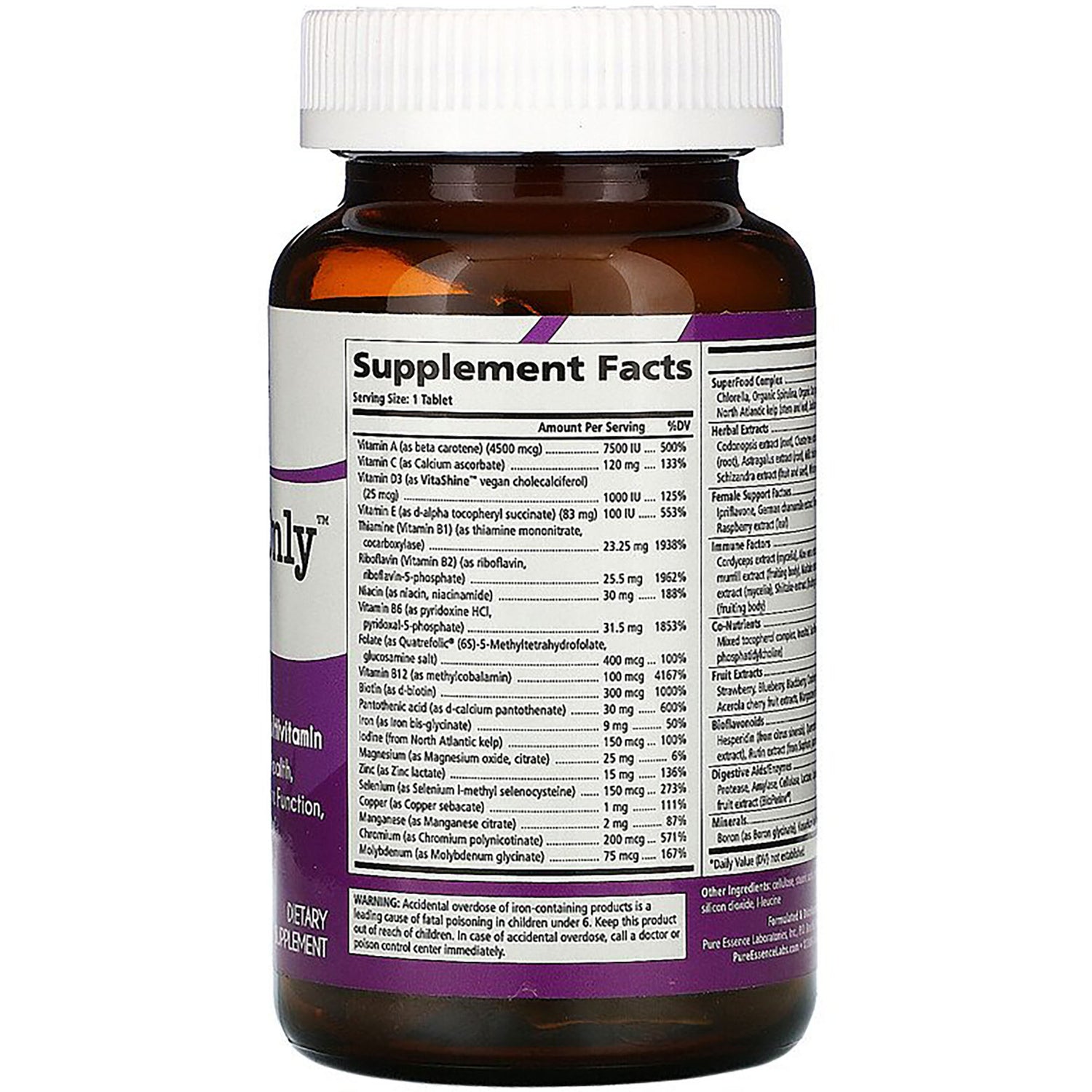 PEL032 | Back of brown supplement bottle showing Supplement Facts label and ingredient and warning text