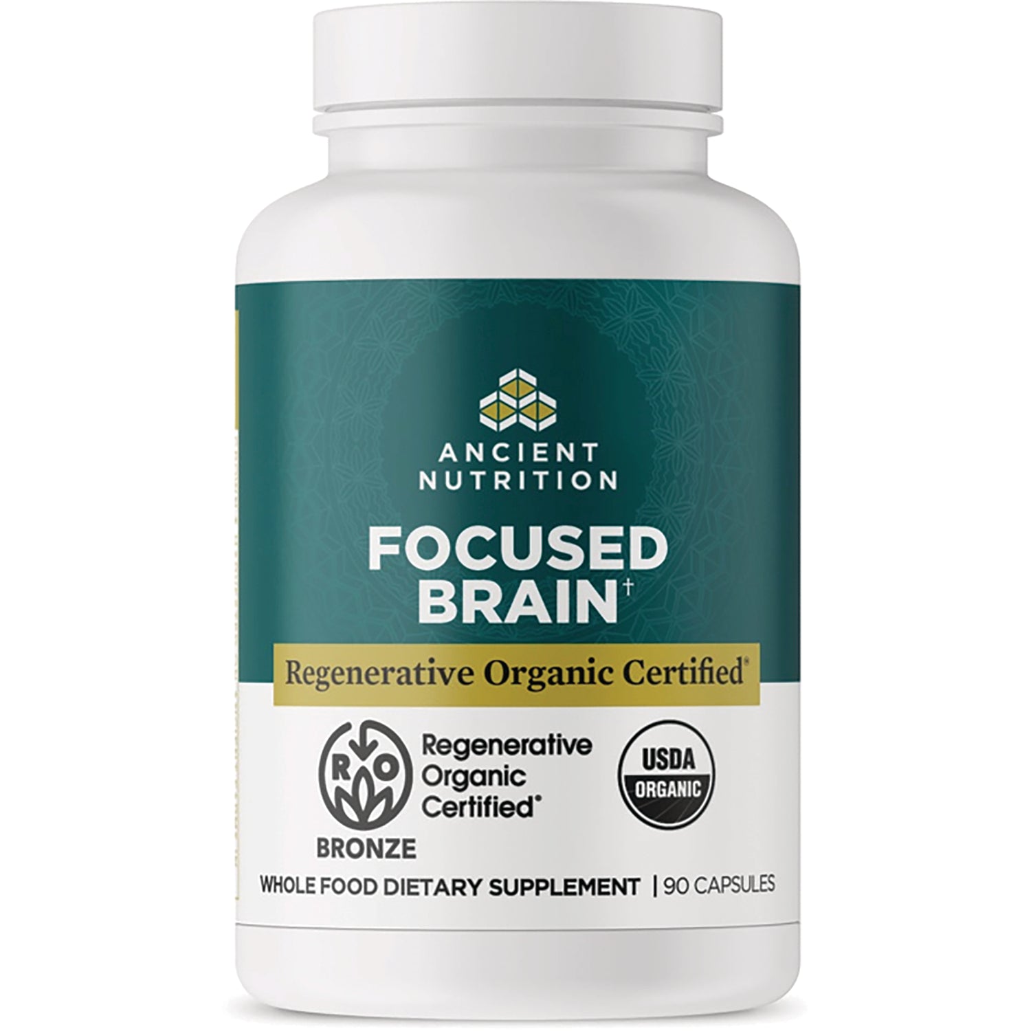 ATN124 | Ancient Nutrition Focused Brain supplement bottle, Regenerative Organic Certified, 90 capsules