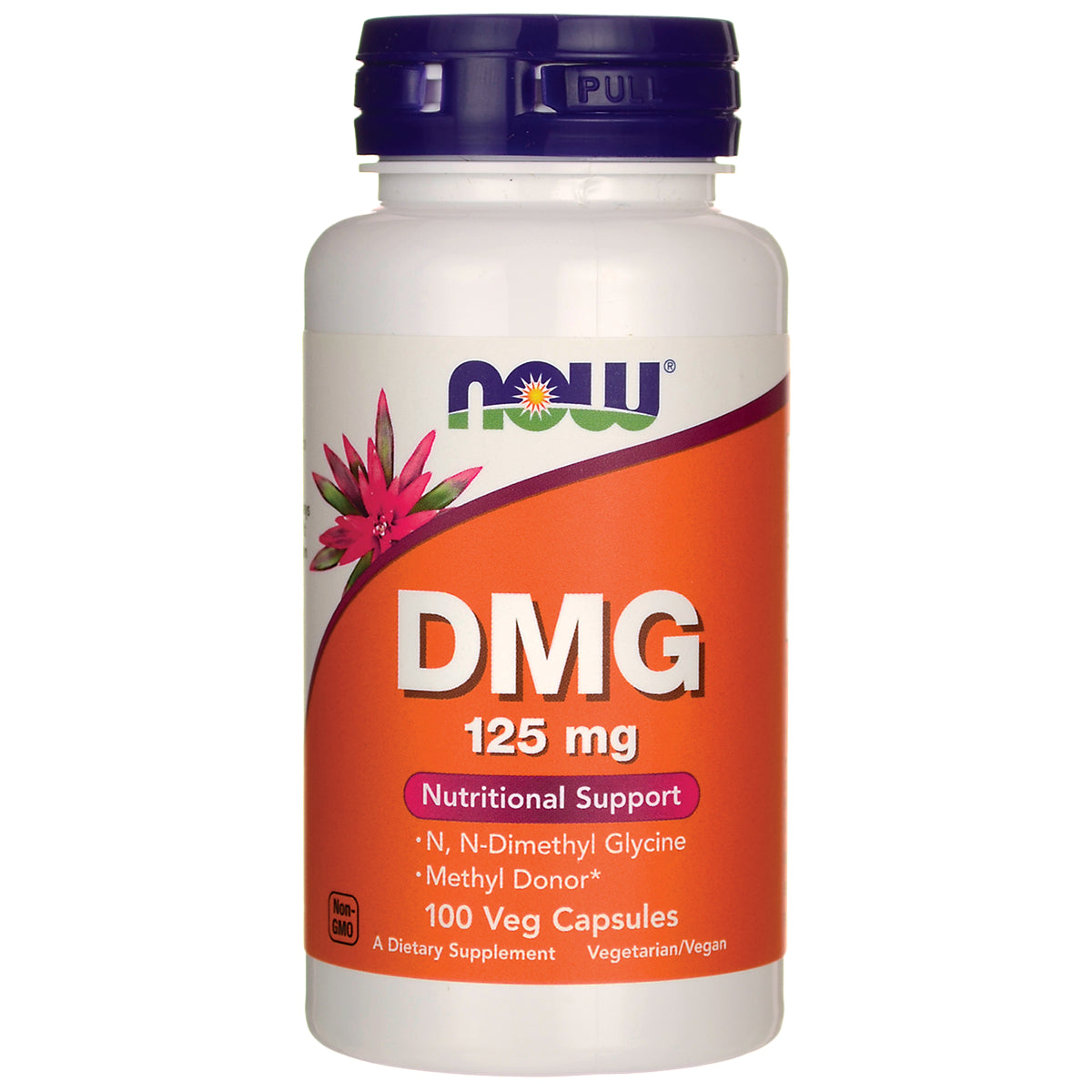 NWF302 | NOW DMG 125 mg supplement bottle with orange label, 100 Veg Capsules