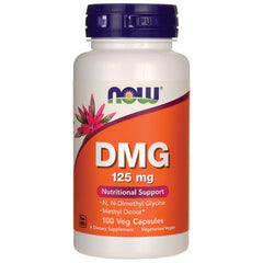 NWF302 | NOW DMG 125 mg supplement bottle with orange label, 100 Veg Capsules