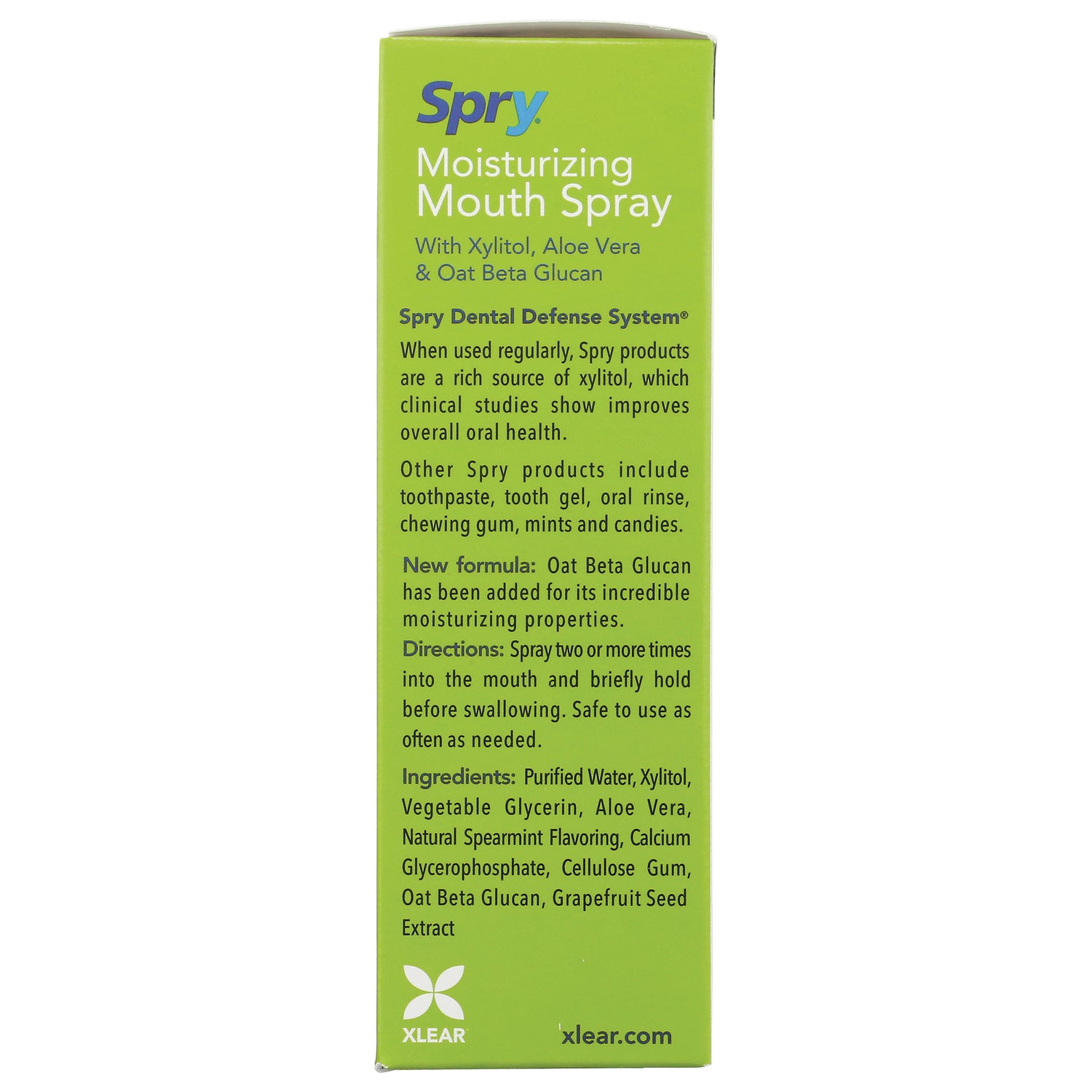 XL026 | Back of Spry Moisturizing Mouth Spray box with directions and ingredients