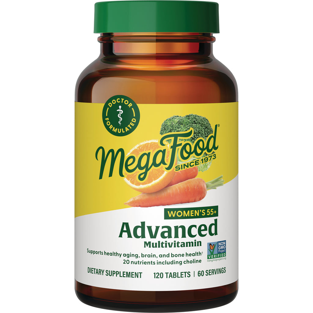 MGF074 | MegaFood Advanced Multivitamin Women's 55+ bottle, front label showing orange, carrot, broccoli, 120 tablets - Thumbnail