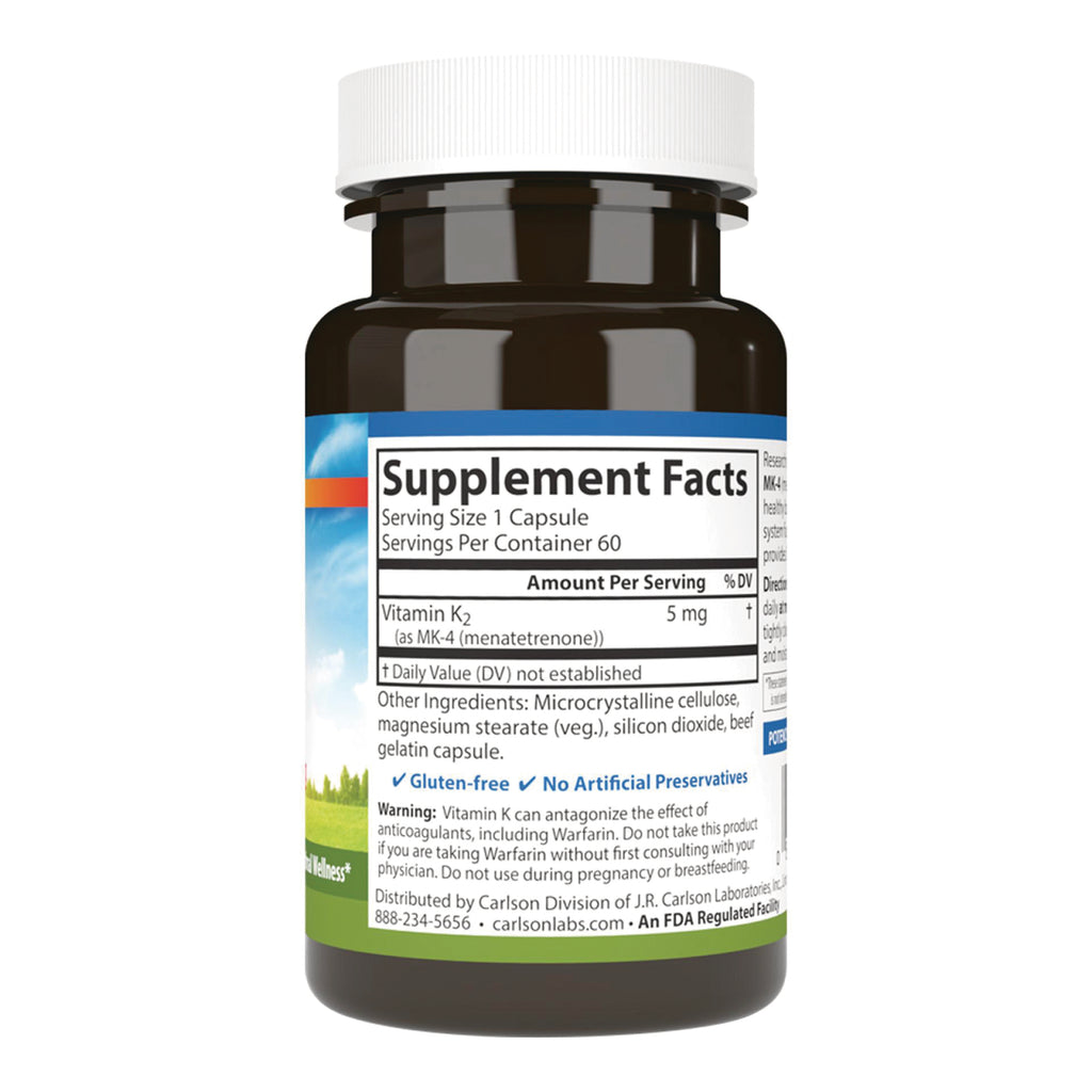 CSN028 | Supplement facts label: Vitamin K2 (as MK-4) 5 mg 6,250% DV; other ingredients, directions and warning - Thumbnail