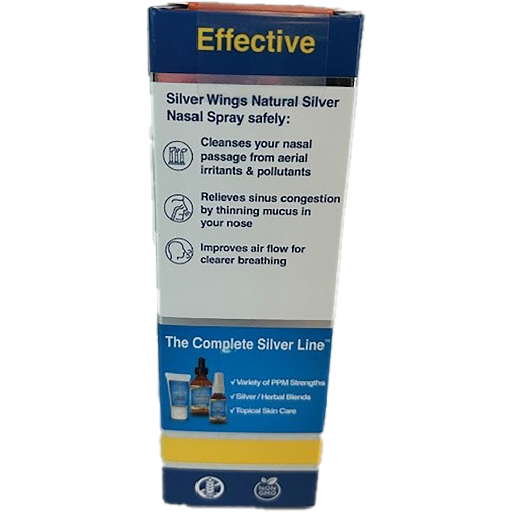 NPS007 | back of Silver Wings nasal spray box listing benefits: cleanses nasal passage, relieves congestion, improves airflow - Thumbnail