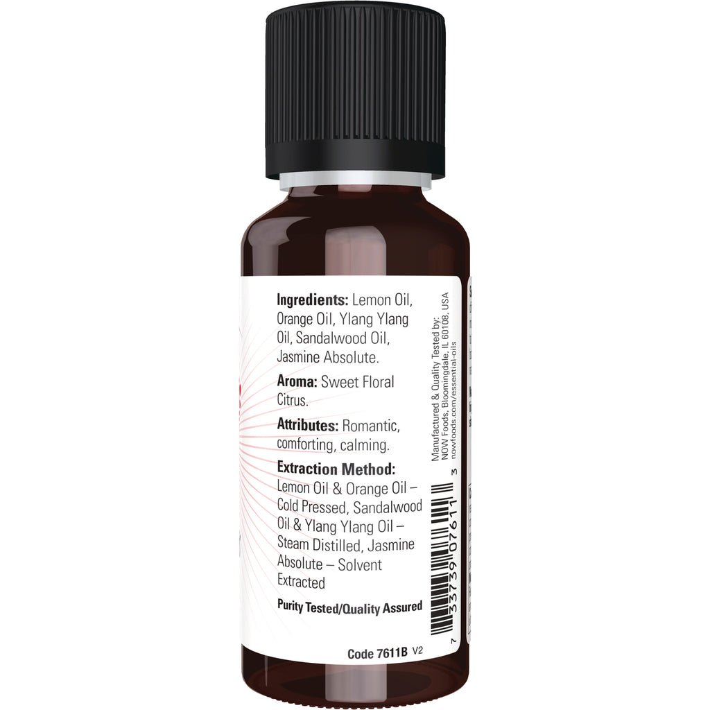 NWF1230 | Back label of brown essential oil bottle showing ingredients, aroma, attributes, extraction method and barcode - Thumbnail