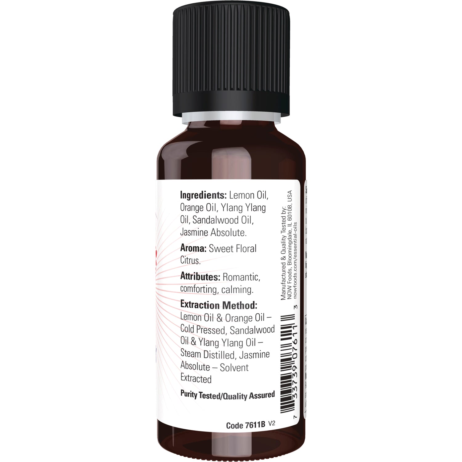 NWF1230 | Back label of brown essential oil bottle showing ingredients, aroma, attributes, extraction method and barcode