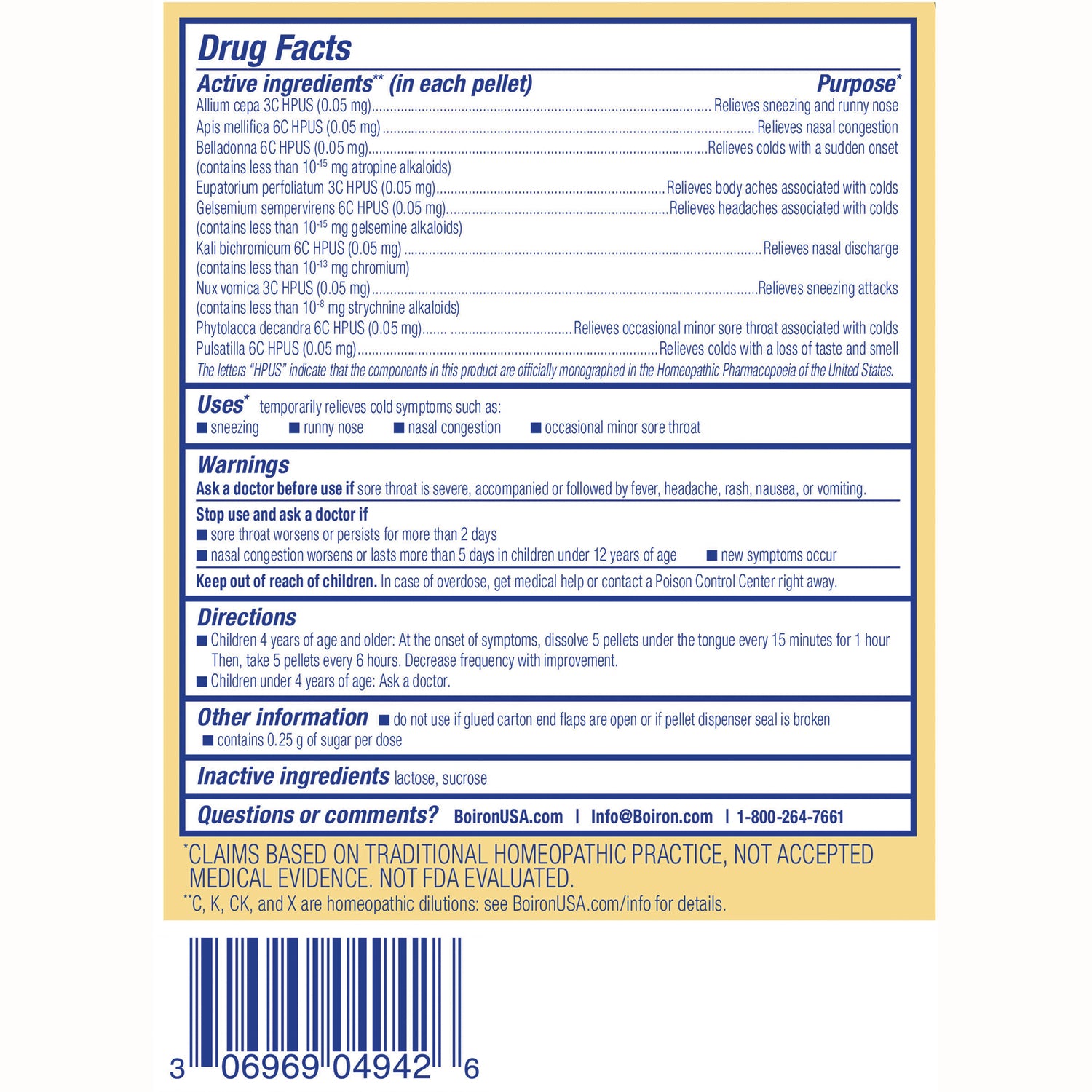 Drug Facts panel showing active ingredients, uses, warnings, directions, other information, and barcode