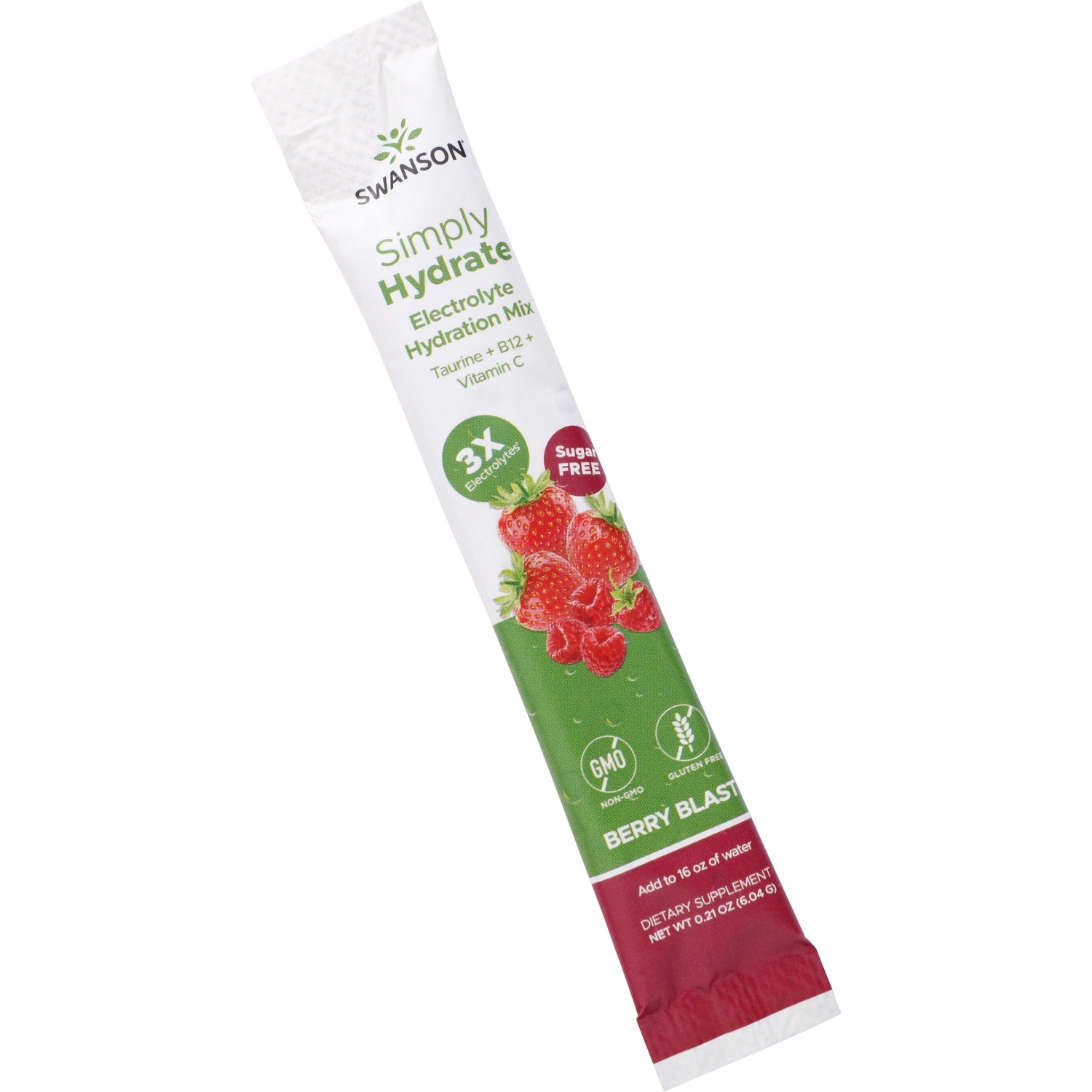 SW1943 | Swanson's Simply Hydrate electrolyte hydration mix featuring a large, ripe strawberry, a raspberry, and a raspberry cluster with green leaves, positioned next to a white, upright packet of the product. The packet displays the product name, key benefits such as '3X electrolytes' and 'sugar free,' and icons indicating it is non-GMO, gluten-free, vegan, and sugar-free.