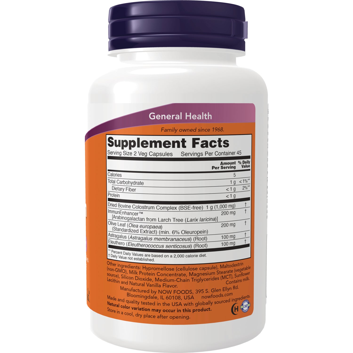 NWF575 | Back of white supplement bottle showing Supplement Facts label with serving size 2 veg capsules and ingredients