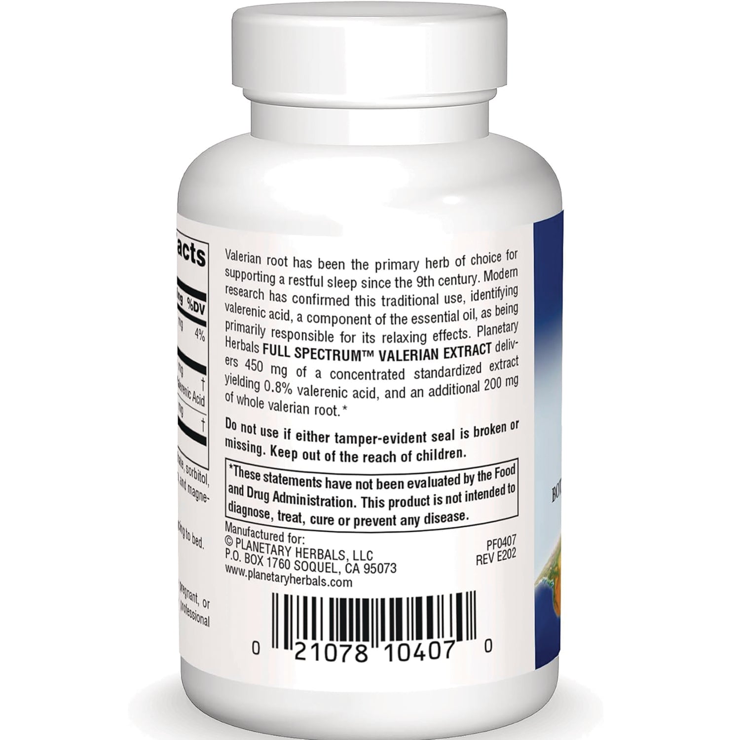 PF063 | Back of white supplement bottle label showing product facts, barcode, manufacturer info and warnings