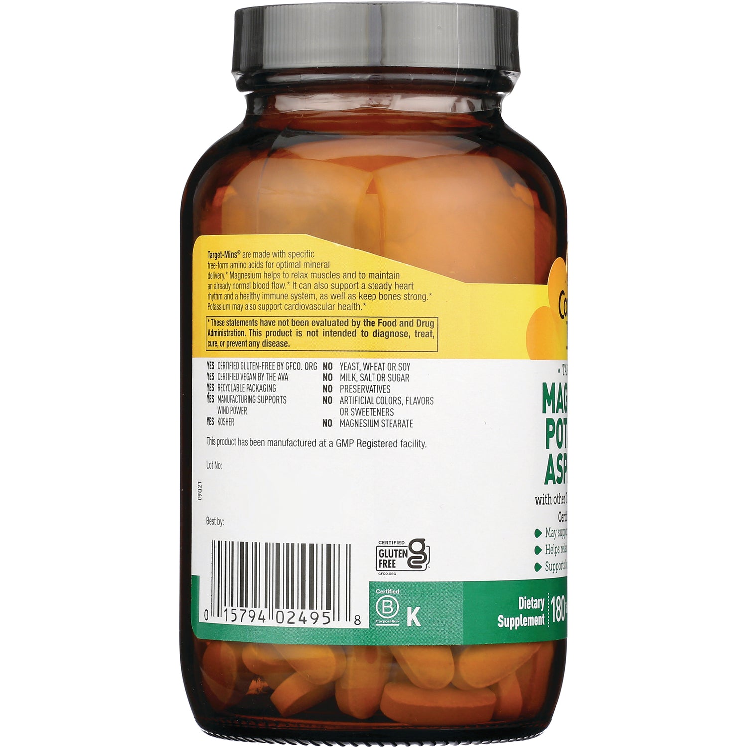 CRL243 | back label of amber supplement bottle showing ingredients panel, barcode, and orange capsules