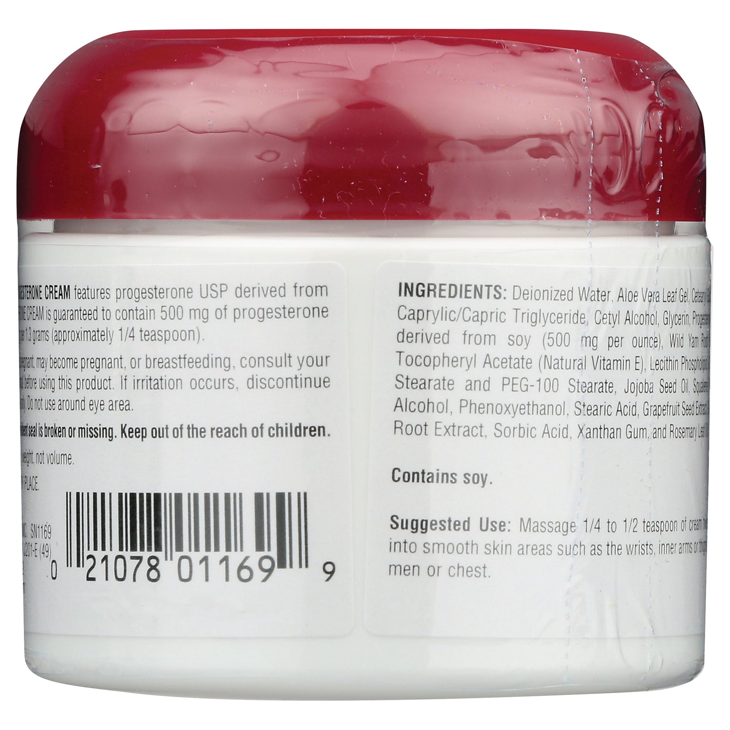 SN131 | back label showing ingredients list, barcode, and suggested use on white jar with red lid