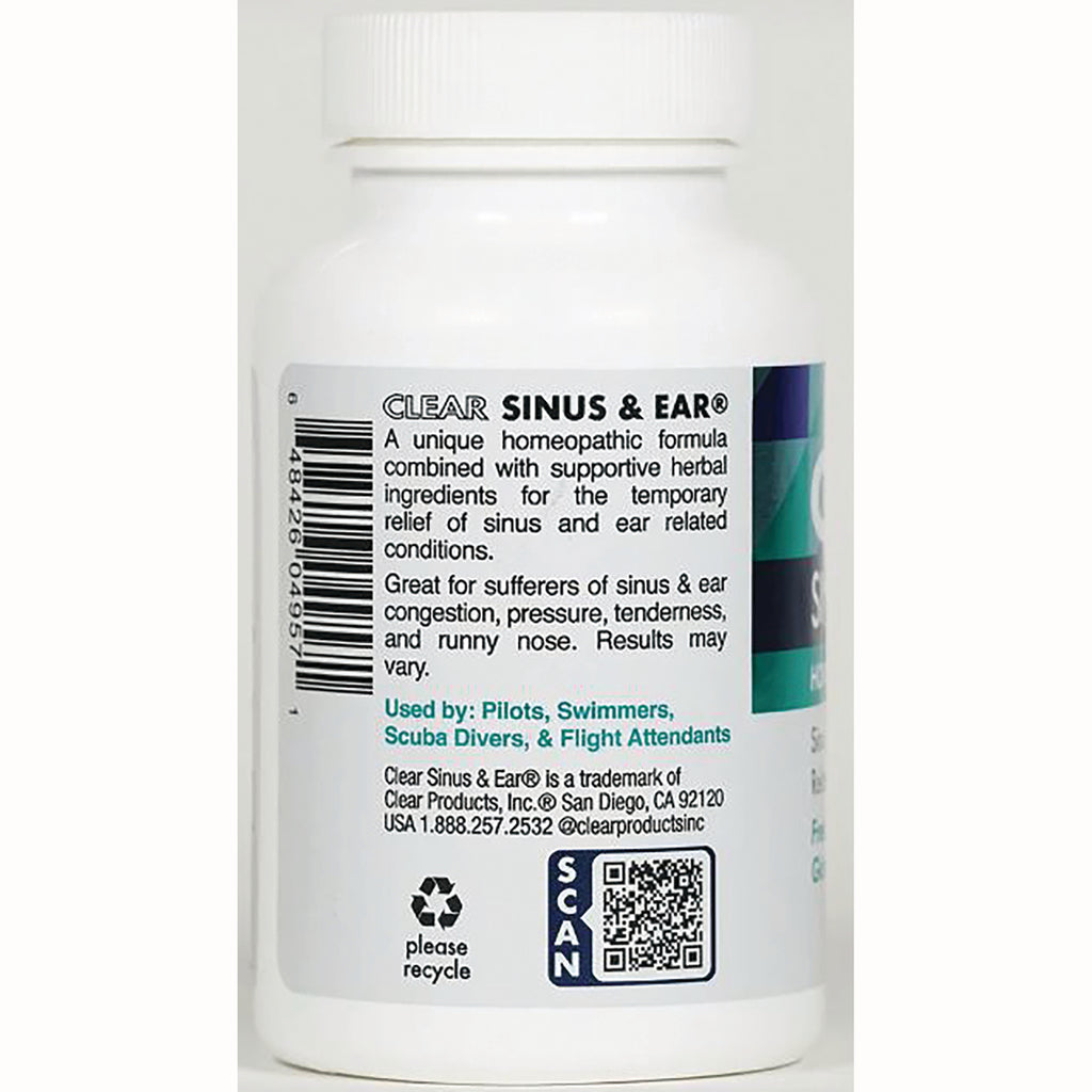 Back label of white bottle reading CLEAR SINUS & EAR with product description, barcode, QR code, and recycle symbol - Thumbnail