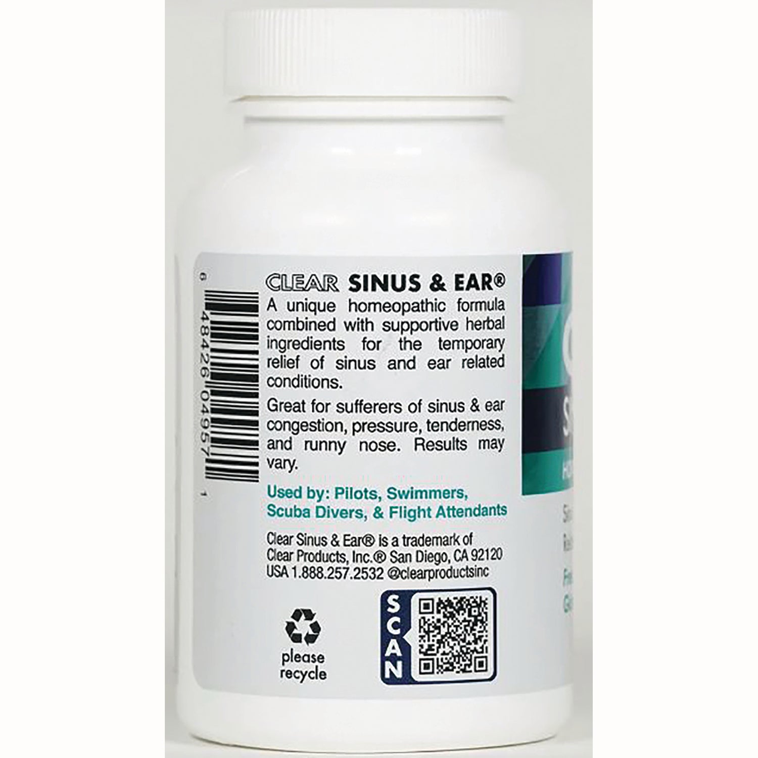 Back label of white bottle reading CLEAR SINUS & EAR with product description, barcode, QR code, and recycle symbol