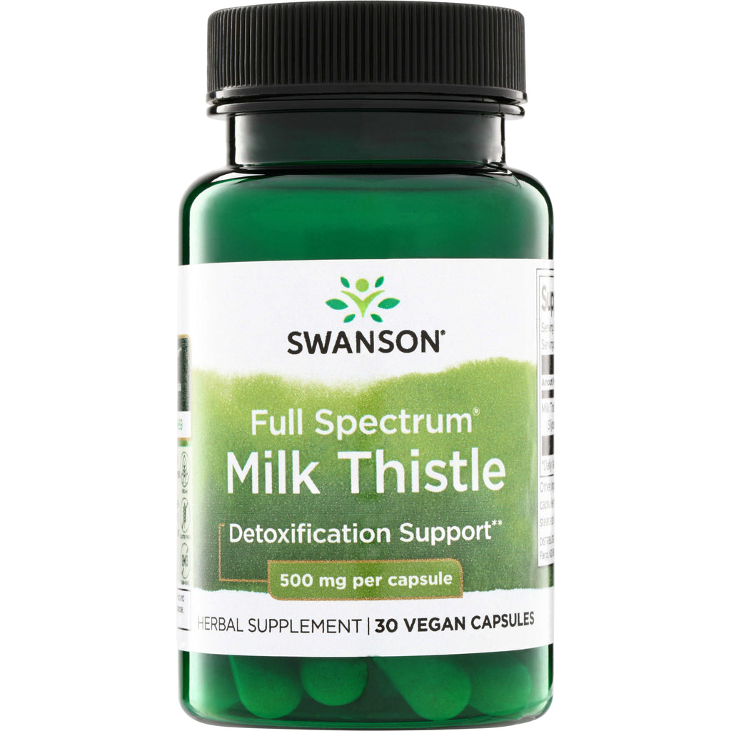 SW1557 | Swanson Full Spectrum Milk Thistle, Detoxification Support, 500 mg per capsule, 30 vegan capsules bottle front - Thumbnail
