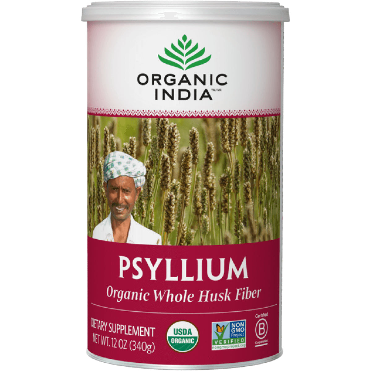 RGN028 | Organic India Psyllium organic whole husk fiber supplement can with farmer and grain field label