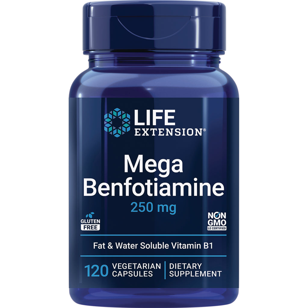 LE145 | Life Extension Mega Benfotiamine 250 mg blue supplement bottle, 120 vegetarian capsules, label shows gluten free and Non-GMO - Thumbnail