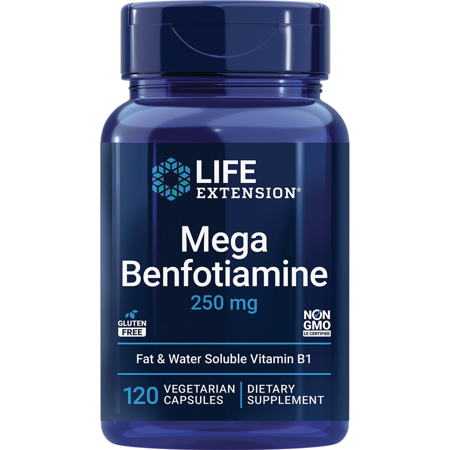 LE145 | Life Extension Mega Benfotiamine 250 mg blue supplement bottle, 120 vegetarian capsules, label shows gluten free and Non-GMO