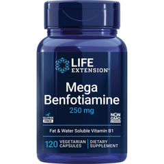 LE145 | Life Extension Mega Benfotiamine 250 mg blue supplement bottle, 120 vegetarian capsules, label shows gluten free and Non-GMO