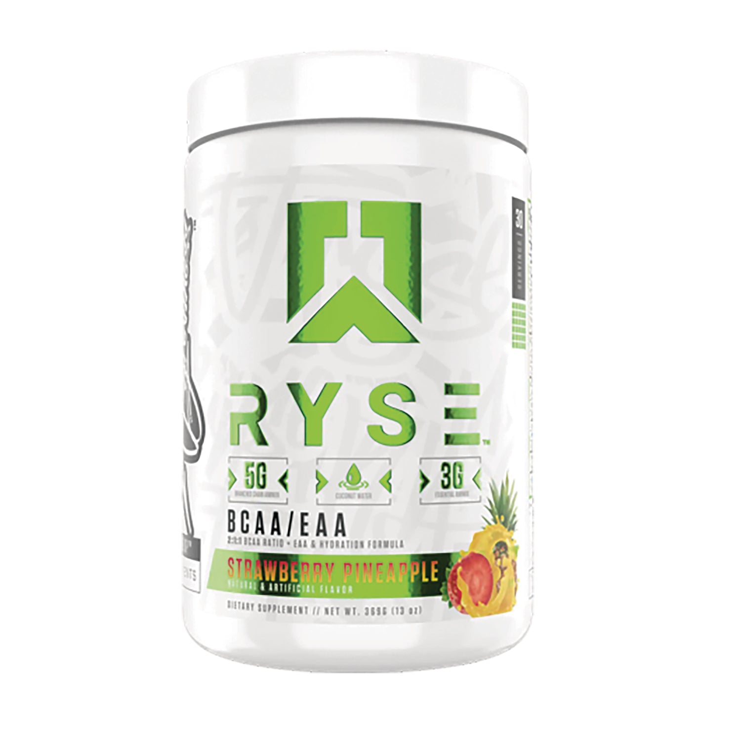 RYS002 | White tub of RYSE BCAA/EAA strawberry pineapple powder supplement with green logo and fruit illustration