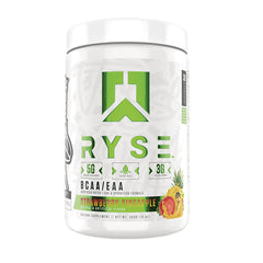 RYS002 | White tub of RYSE BCAA/EAA strawberry pineapple powder supplement with green logo and fruit illustration