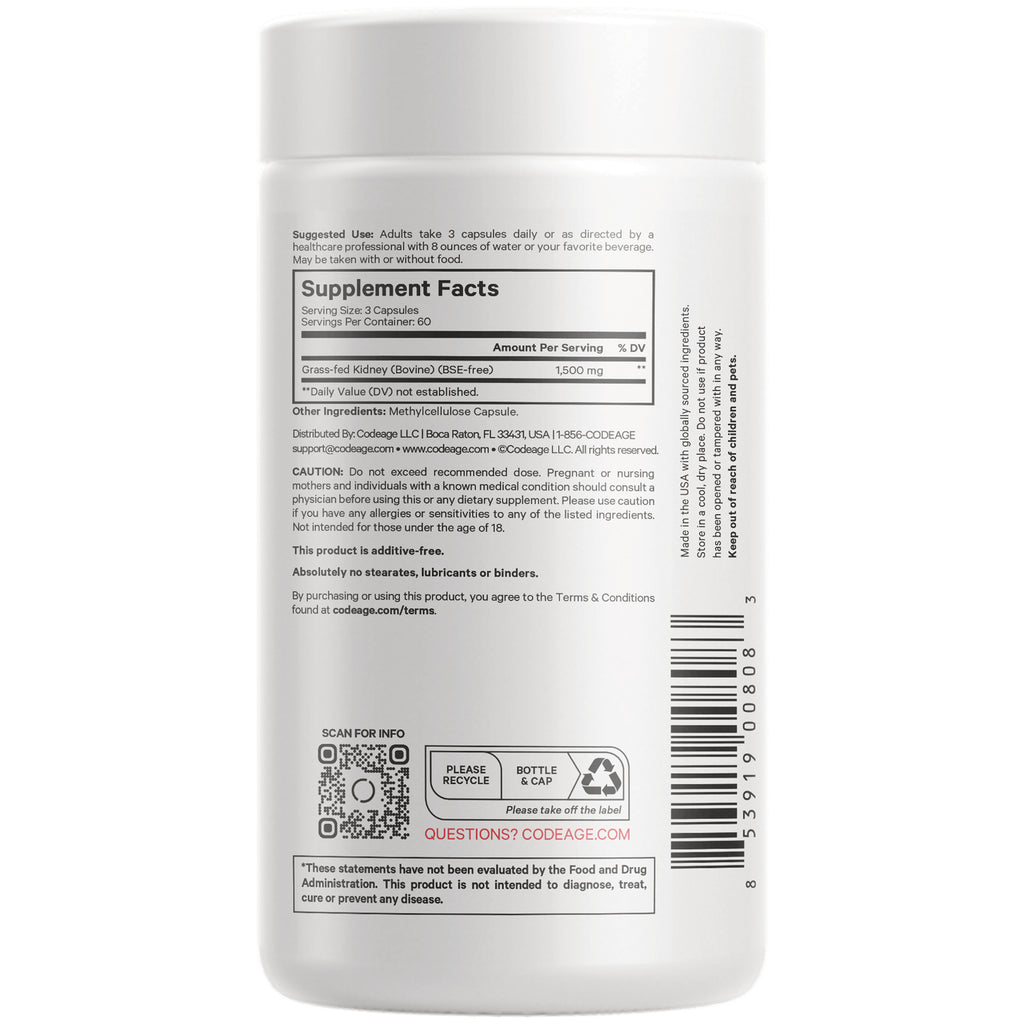 CDG055 | Back of white supplement bottle showing Supplement Facts panel, barcode, QR code, and recycling icons - Thumbnail