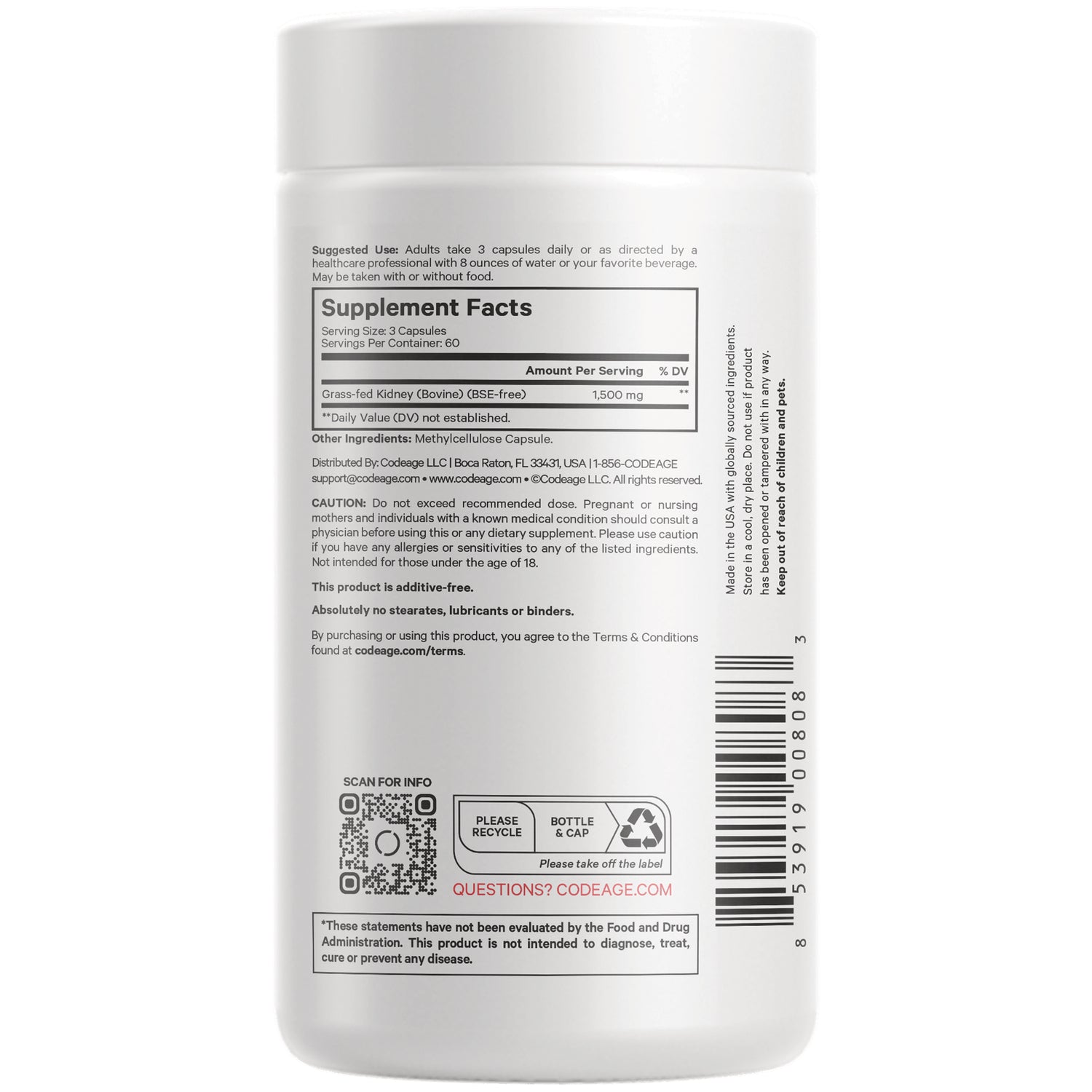 CDG055 | Back of white supplement bottle showing Supplement Facts panel, barcode, QR code, and recycling icons