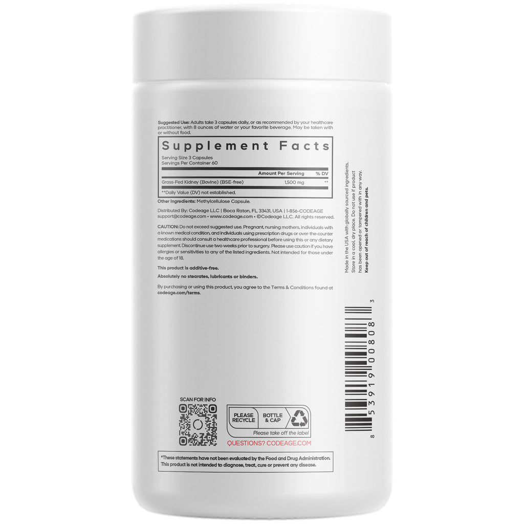 CDG055 | Back of white supplement bottle showing Supplement Facts panel, barcode, QR code, and recycling icons - Thumbnail