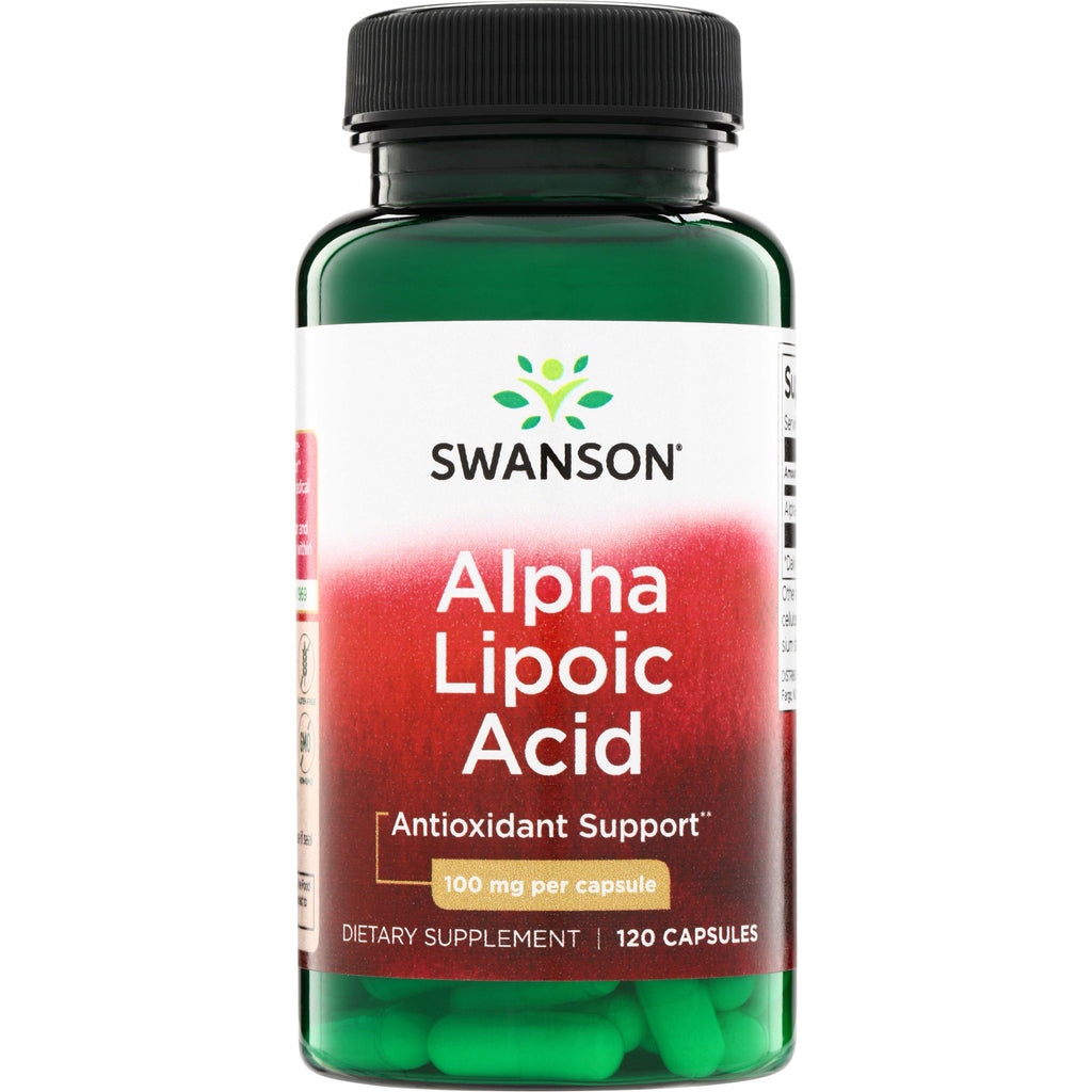 SW982 | Swanson Alpha Lipoic Acid supplement bottle, 100 mg per capsule, 120 capsules, green capsules visible - Thumbnail