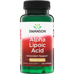 SW982 | Swanson Alpha Lipoic Acid supplement bottle, 100 mg per capsule, 120 capsules, green capsules visible